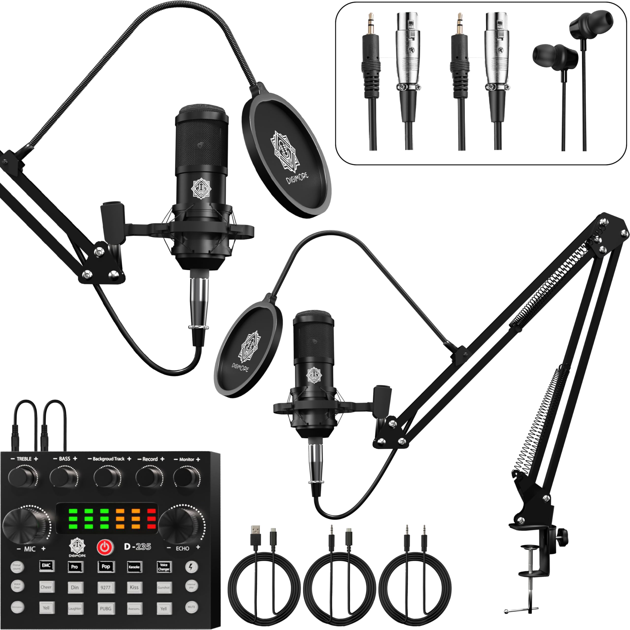 Digimore Dual Condenser Microphone Kit For Singing With V8 Sound Card | Studio Recording Equipments Full Set, Voice Recorder Mic