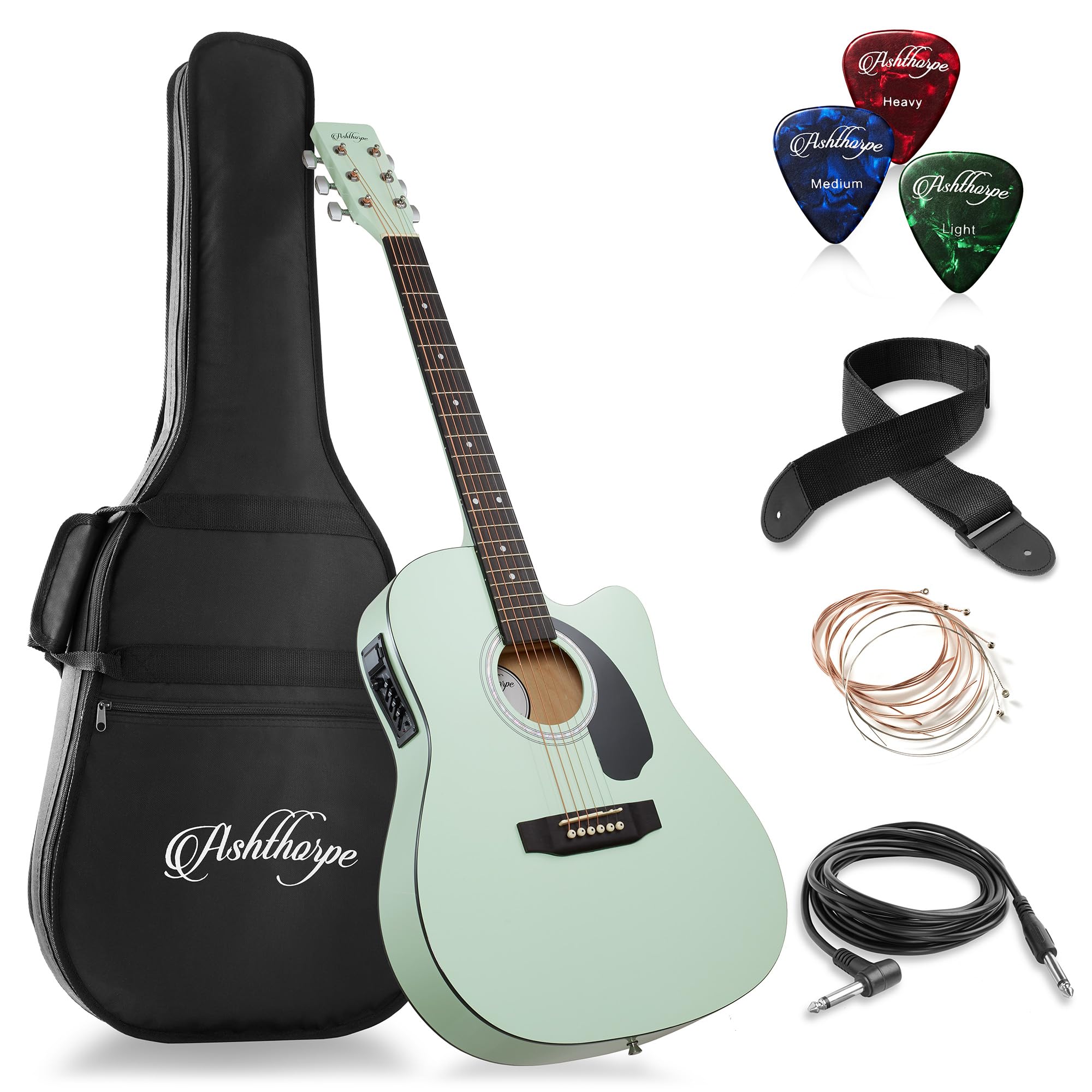 Ashthorpe Full-Size Cutaway Thinline Acoustic-Electric Guitar Package - Premium Tonewoods - Mint Green