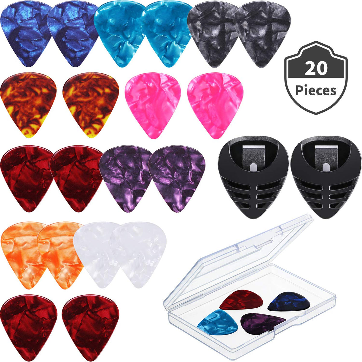 Guitar  Picks  &  Guitar  Picks  Holder,  2  Black  Stick-On  Holders,  20 Pieces Guitar  Picks, 1  Storage  Case,  Easy  To  Pa