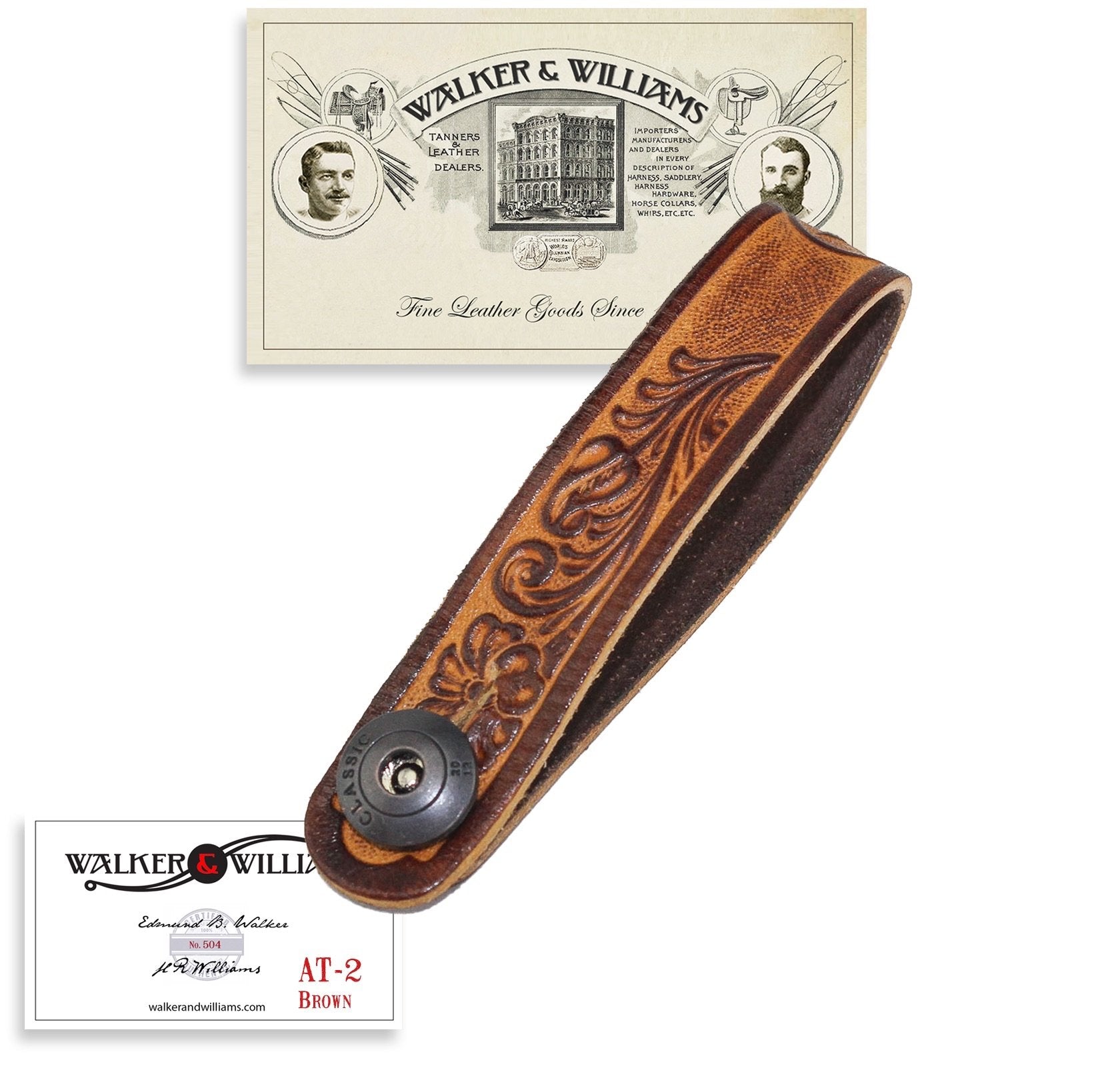 Walker & Williams AT-2 Brown Carving Leather Acoustic Guitar Strap Button Headstock Adaptor For Acoustic, Electric, And Bass Gui