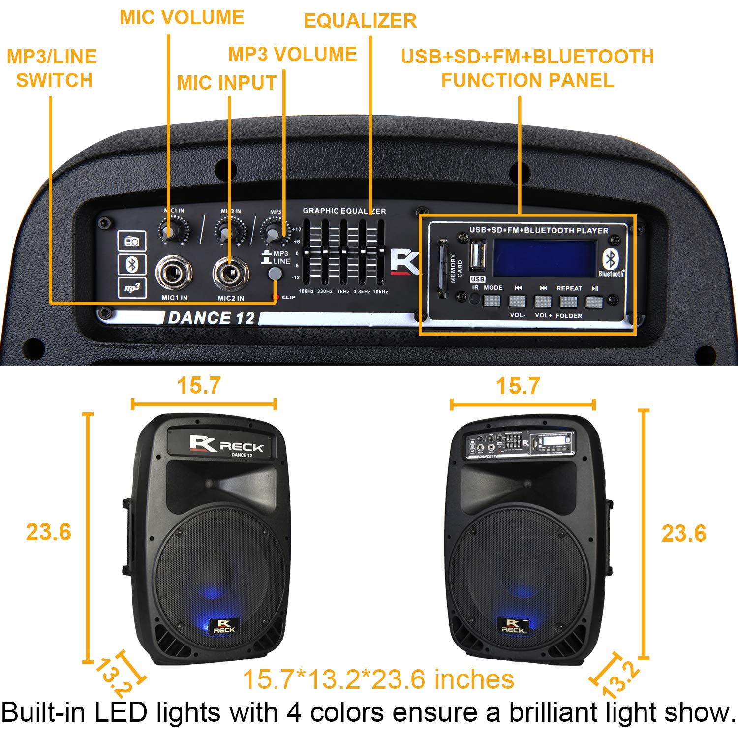 RECK DC 12 Portable 12-Inch 1000 Watts 2-Way Powered Dj/PA Speaker System Combo Set with Bluetooth/USB/SD Card Reader/FM Radio/R