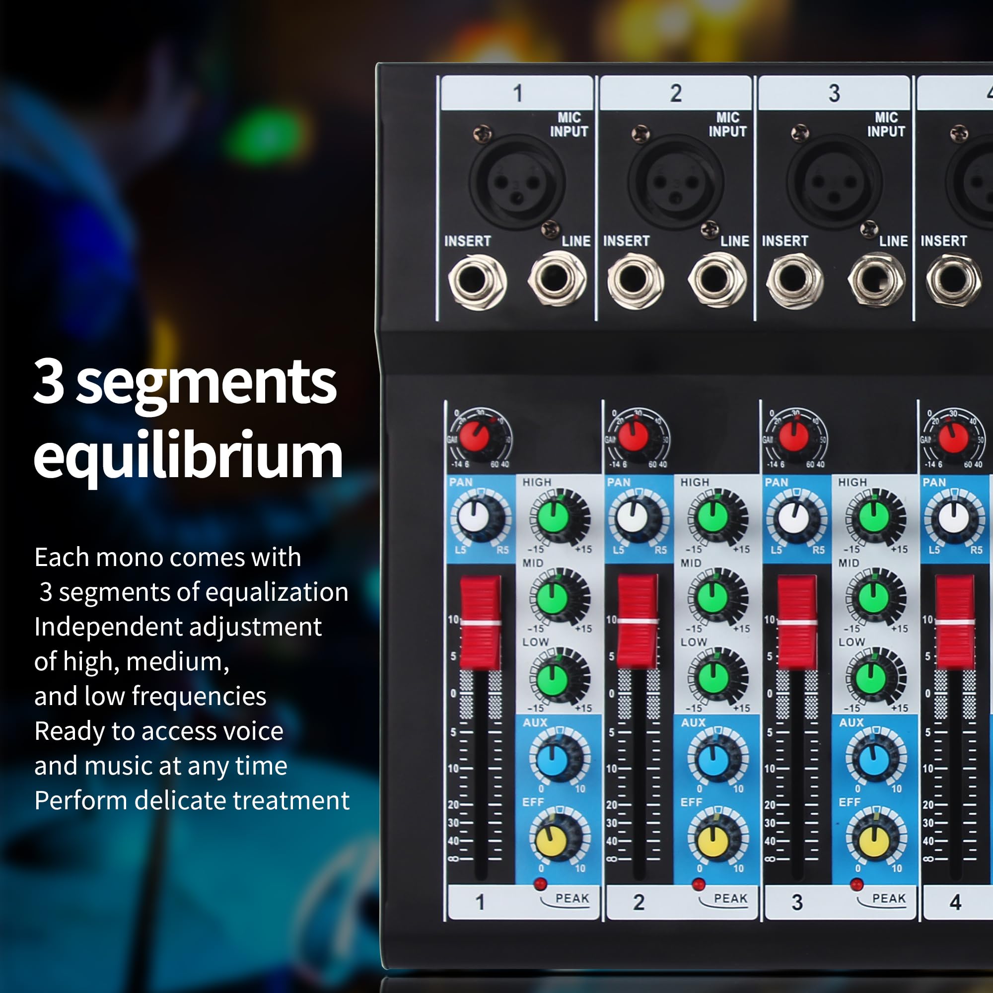 FULODE 7-Channel audio mixer, Bluetooth Portable Sound board w/USB DJ Mixer MP3 Jack 48V Power for Computer Recording, Sound Mix