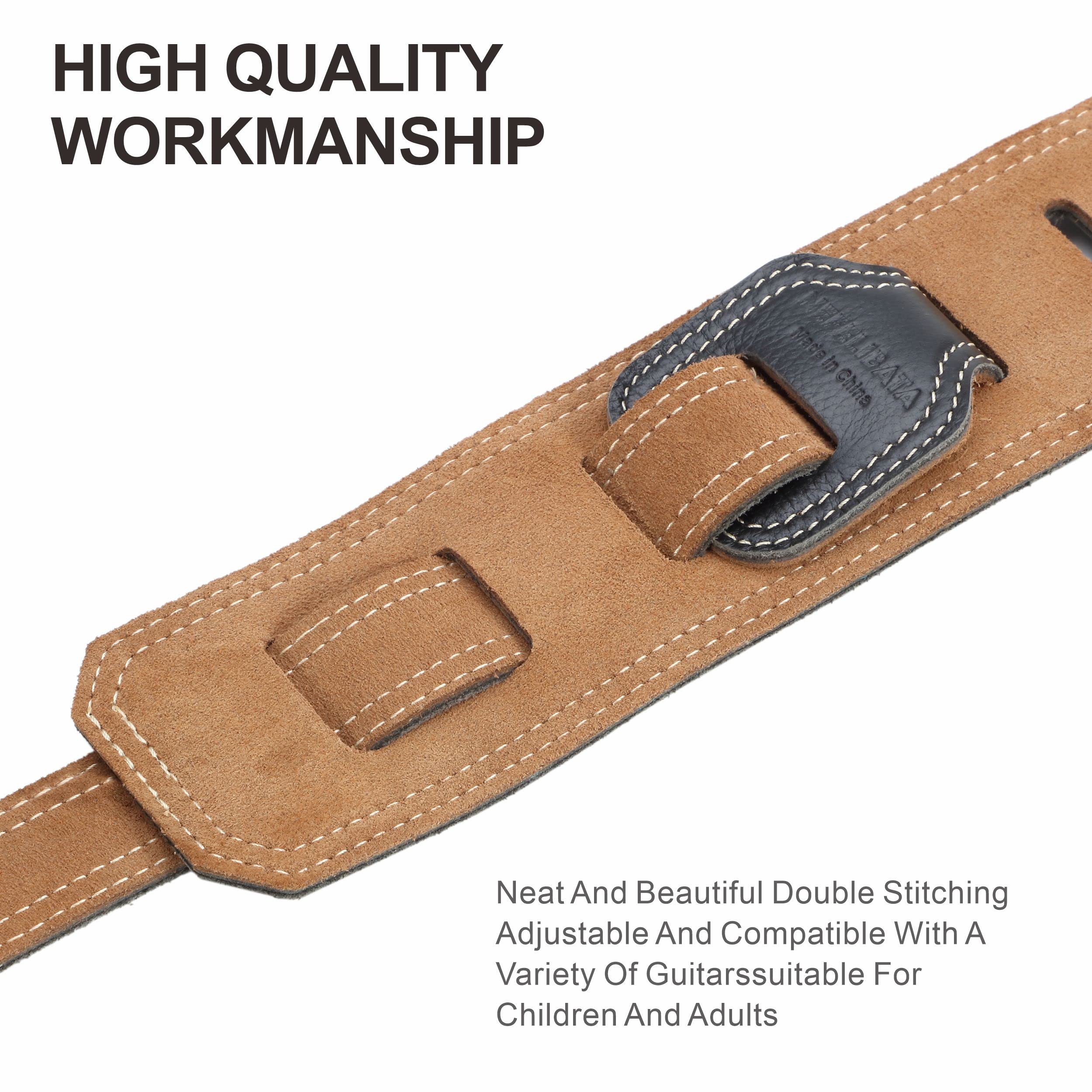 Nefelibata Guitar Strap, 2.5'' Wide Black Lychee Grain Leather Guitar Straps with Foam Padding and Cable Storage Loop, for Kids,