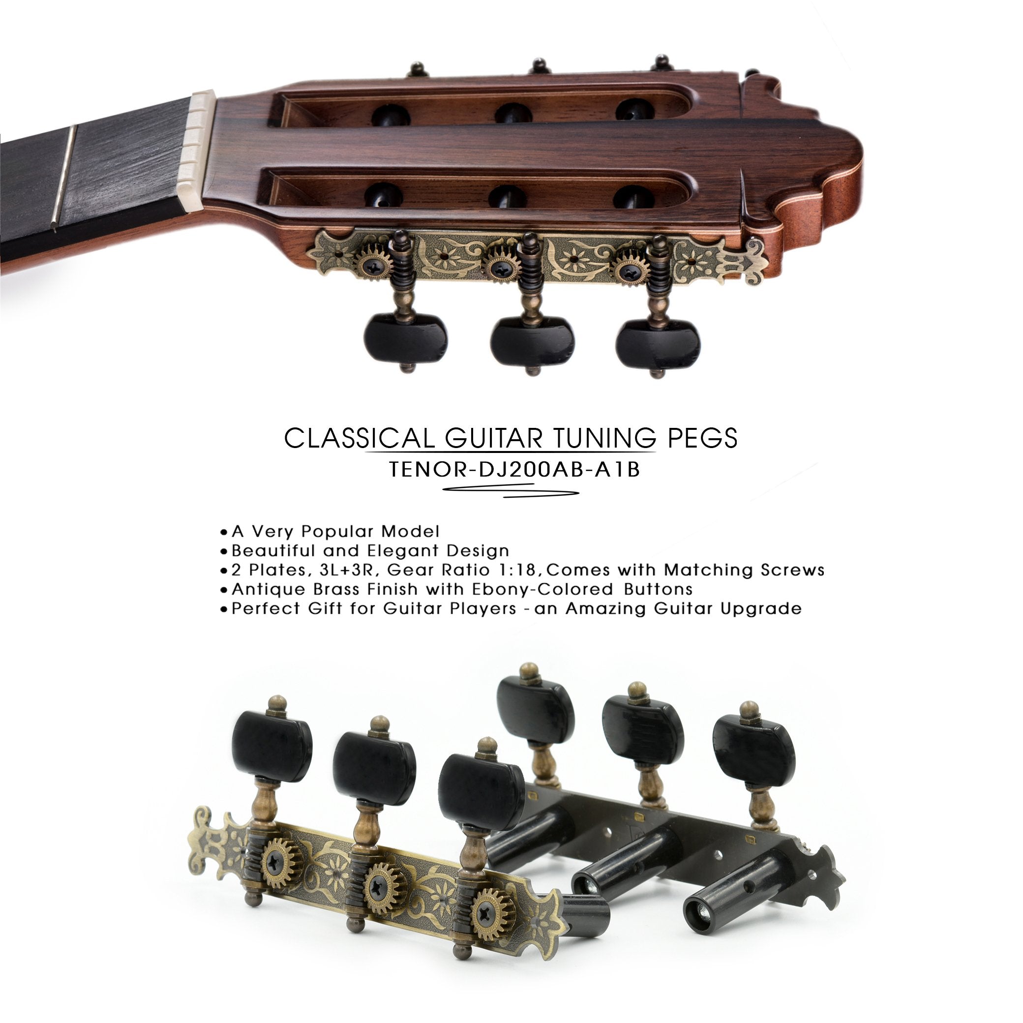 DJ200AB-A1B TENOR Classical Guitar Tuners Professional Tuning Key Pegs/Machine Heads for Classical or Flamenco Guitar with Antiq