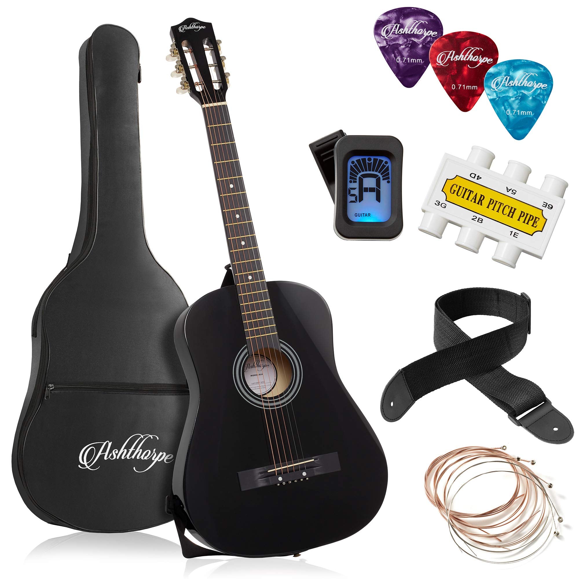 Ashthorpe 38-Inch Beginner Acoustic Guitar Package (Black), Basic Starter Kit W/Gig Bag, Strings, Strap, Tuner, Pitch Pipe, Pick