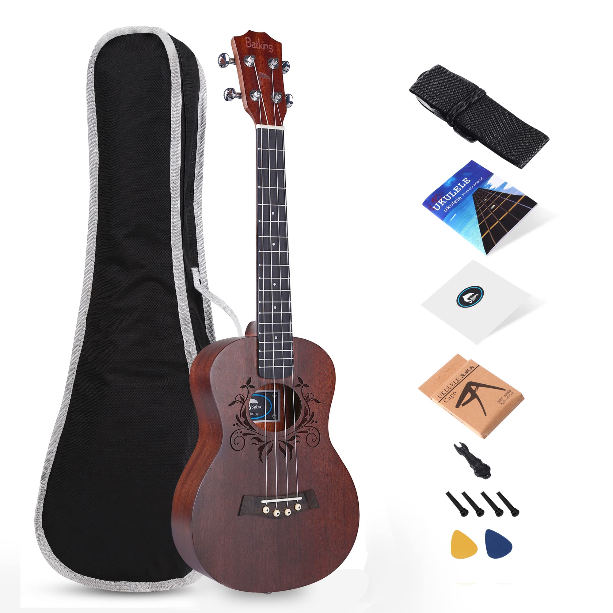 Batking Tenor Ukulele Solid Top Mahogany 26 Inch With Ukulele Accessories With Gig Bag,Strap,Nylon String, Guitar Trigger Capo,P
