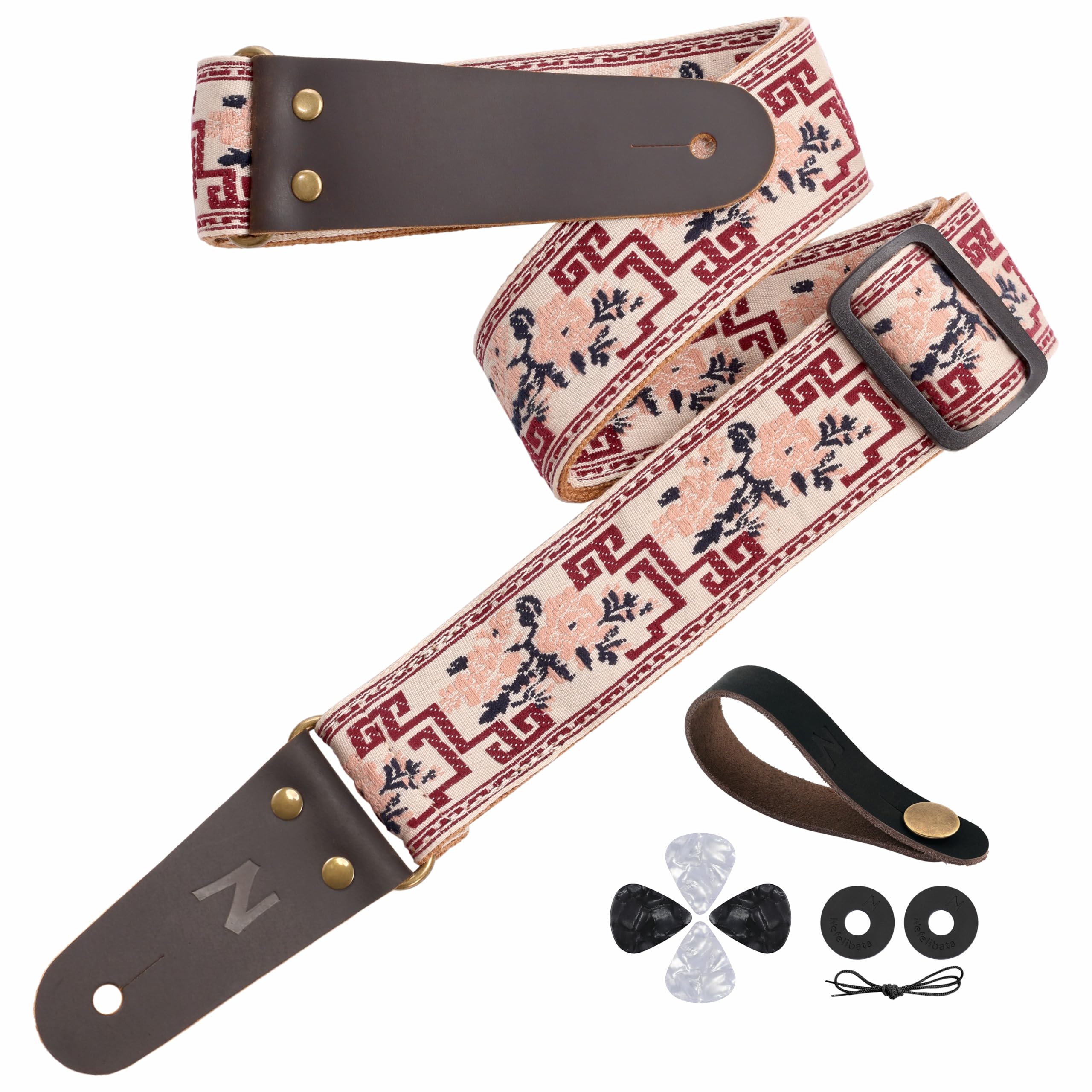 Nefelibata Guitar Strap, 2 Jacquard Embroidery Guitar Straps, Full Grain Leather Ends with Hidden Pocket, for Bass, Electric and