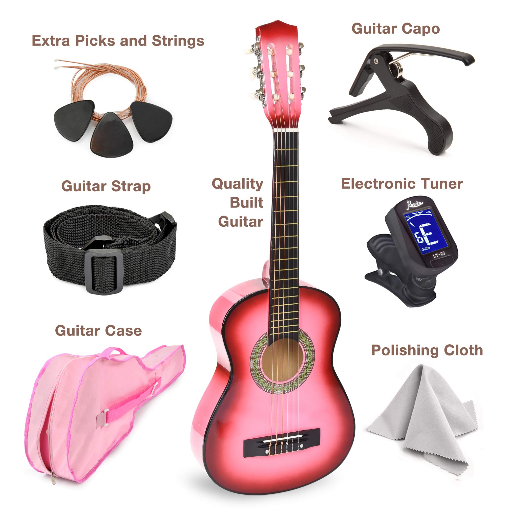 30'' Wood Guitar with Case and Accessories for Kids/Girls/Boys/Beginners (Pink Gradient)