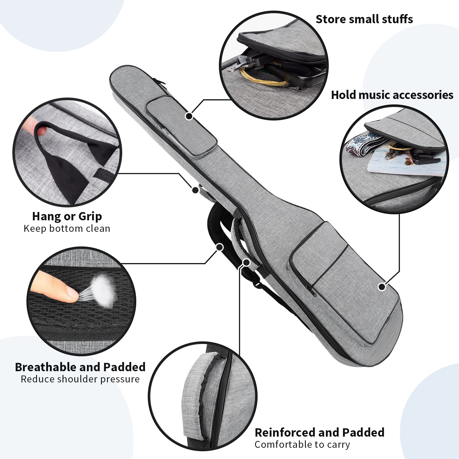 MUZTOP Bass Guitar Bag, 7MM Padding Bass Guitar Gig Bag Padded Soft Electric Bass Guitar Case Backpack with Pockets, Grey