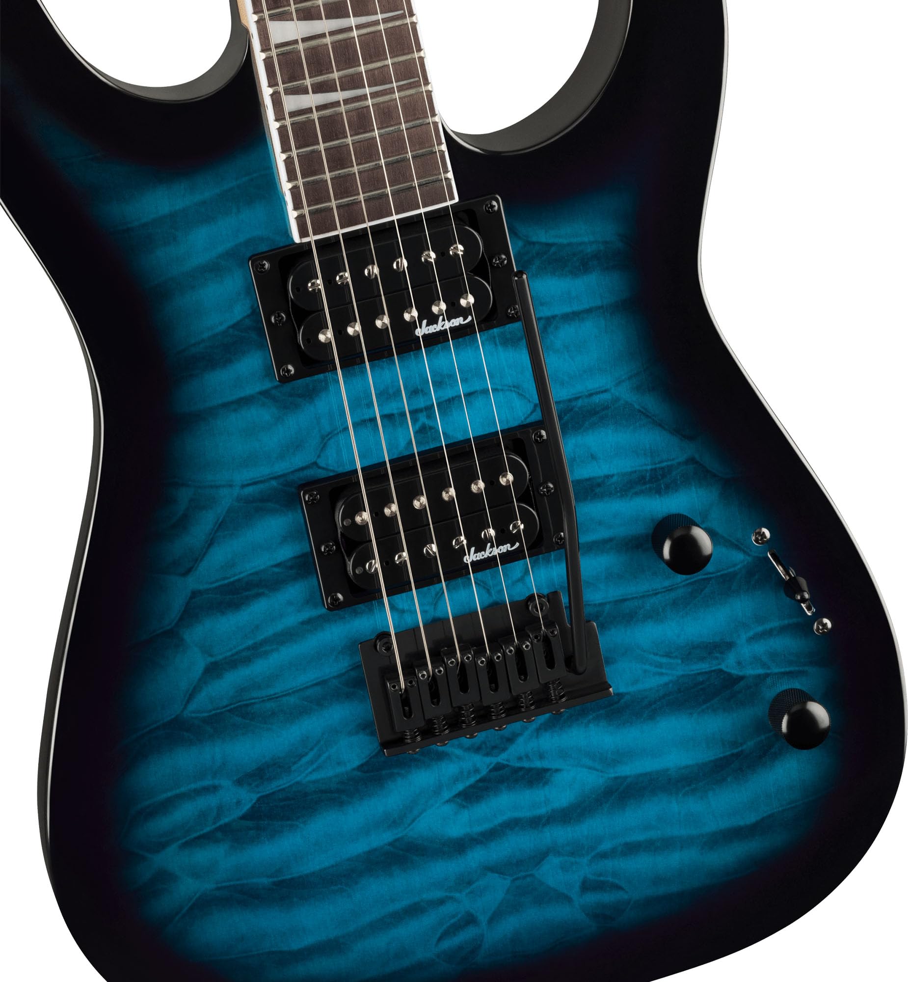 Jackson JS Series Dinky JS20 DKQ 2PT Transparent Blue Burst Bundle with Cable, Tuner, Strap, Picks, and Austin Bazaar Guitar DVD