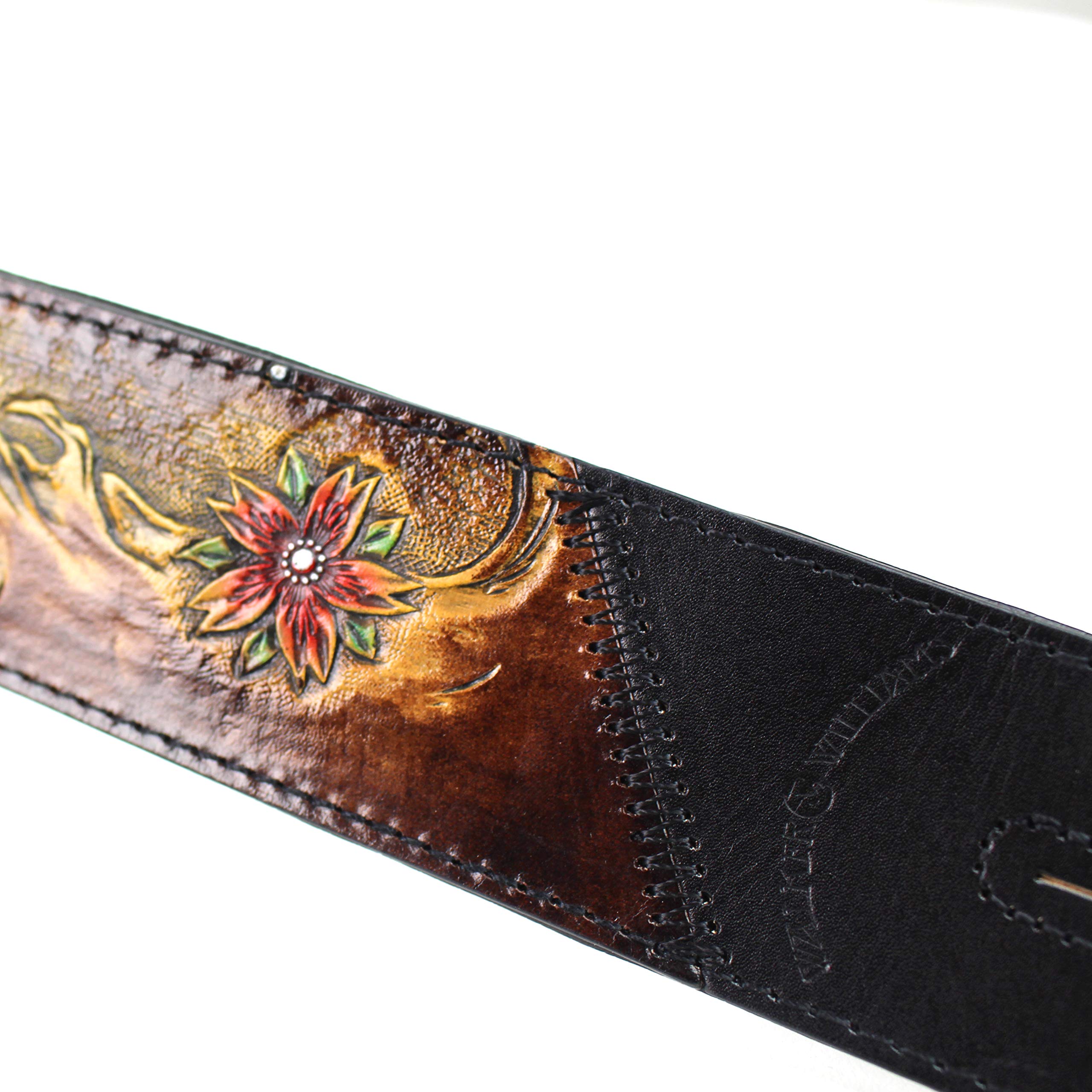 Walker And Williams KB-23 Skinny Series 2'' Wide Black & Umber Brown Premium Carved Grain Leather Padded Guitar Strap With Toole
