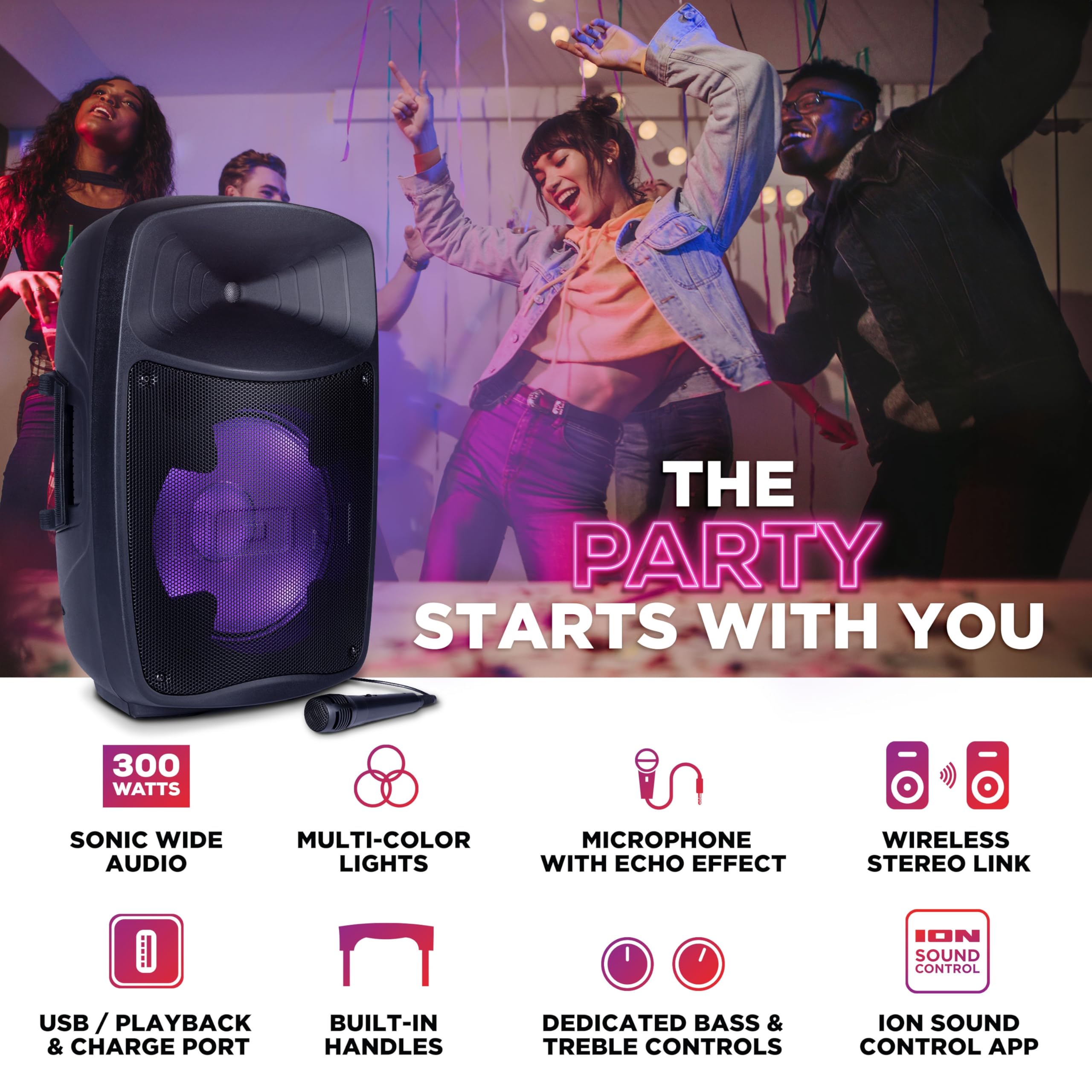 Ion Pro Glow Ultra - High-Power Bluetooth PA Speaker System with Lights, Karaoke Microphone, USB Playback, USB Charge Port, Aux