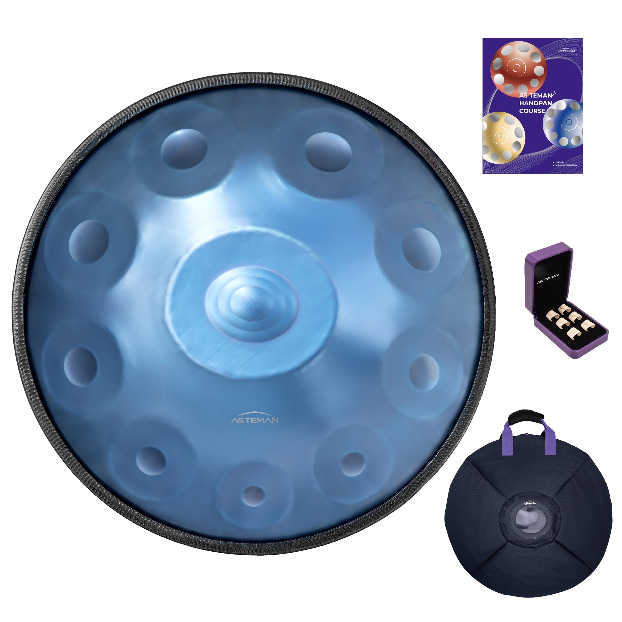 ASTEMAN Handpan in D Minor,440hz, 22 inches with 10 notes, comes with a backpack, courses, finger sleeves, stand, cleaning cloth
