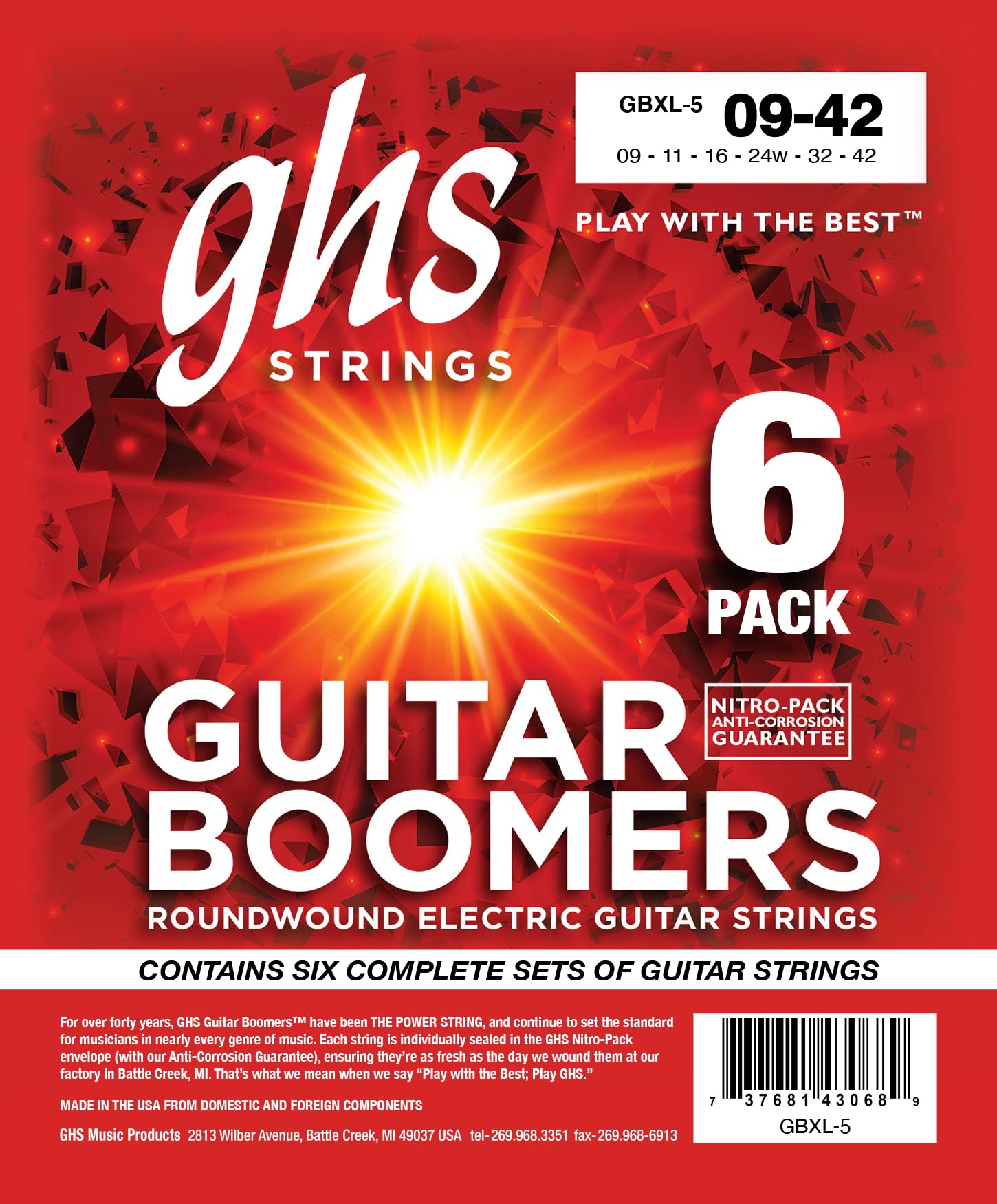 Ghs Strings Gbxl-5 Guitar Boomers, Nickel-Plated Electric Guitar Strings, Extra Light (9-42), Pack Of 6