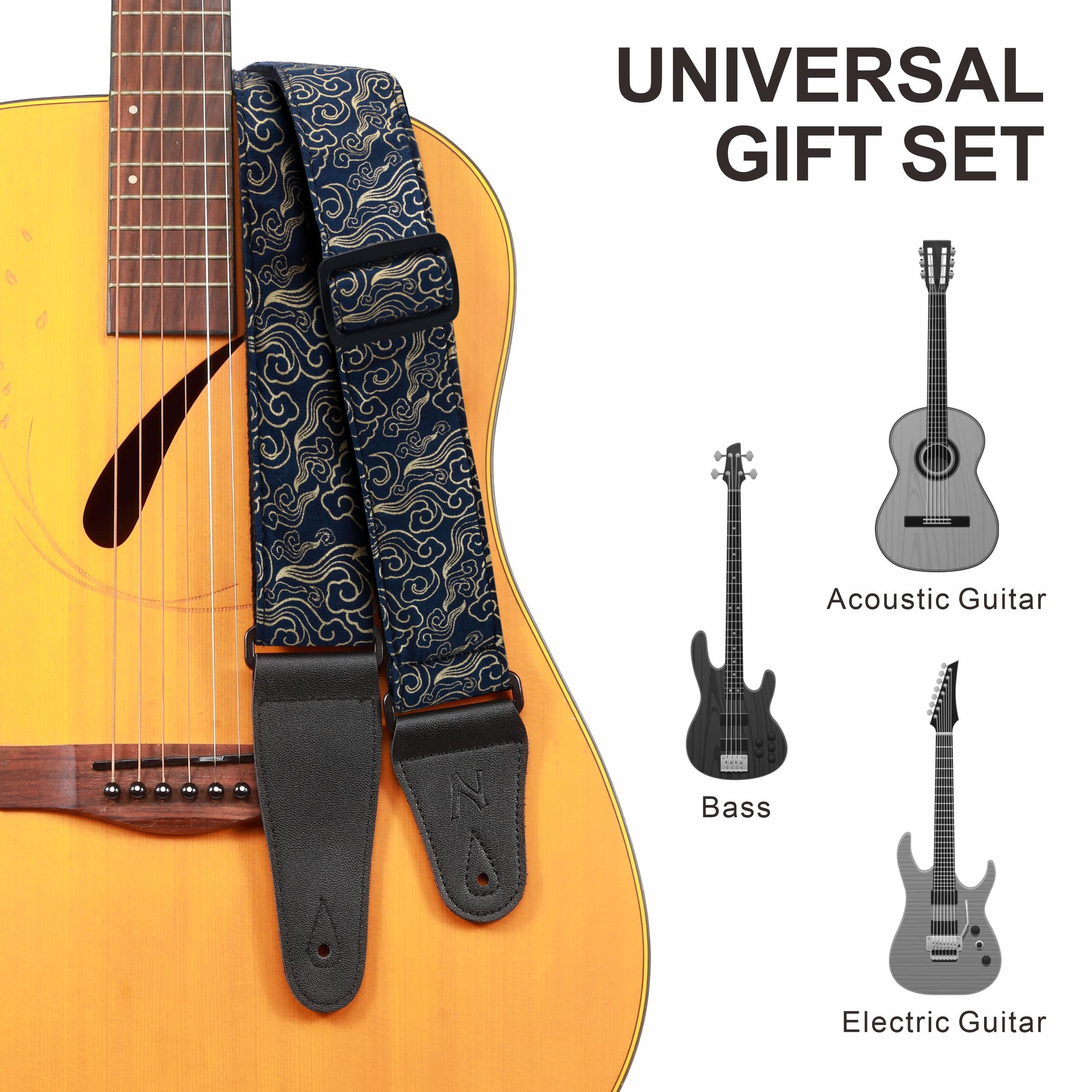 Nefelibata Guitar Strap Japan Printed Cotton Original Design Adjustable Guitar Strap with Long Leather Ends,Include Strap Button