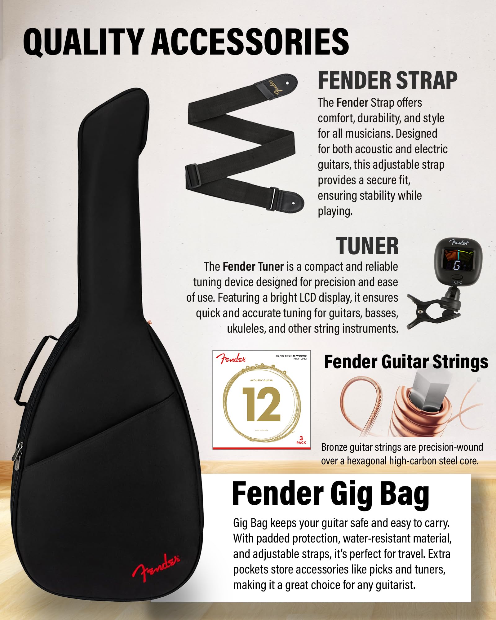 Fender Redondo Mini Acoustic Guitar Bundle with Gig Bag, Strap, Clip-on Tuner, Strings, String Winder, Picks, and Austin Bazaar