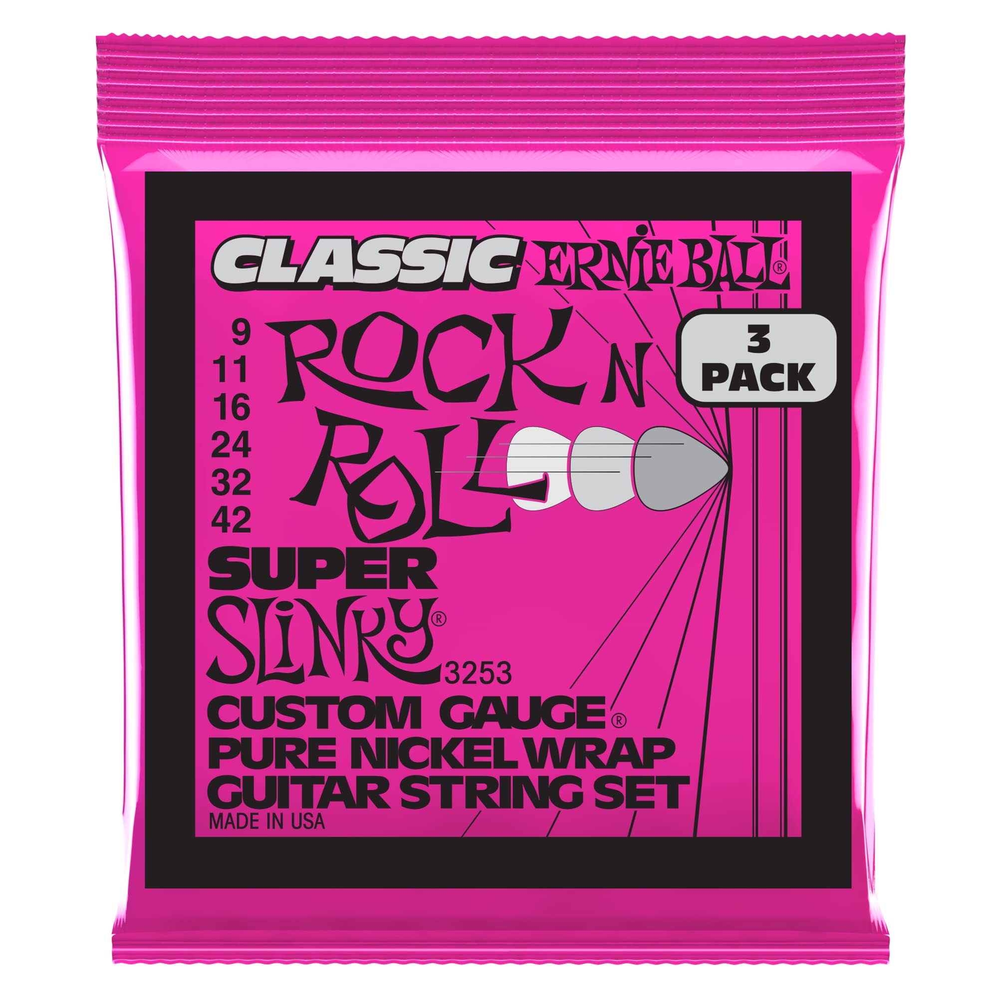 Ernie Ball Super Slinky Classic Pure Nickel Electric Guitar Strings 3-Pack, 9-42 Gauge (P03253)