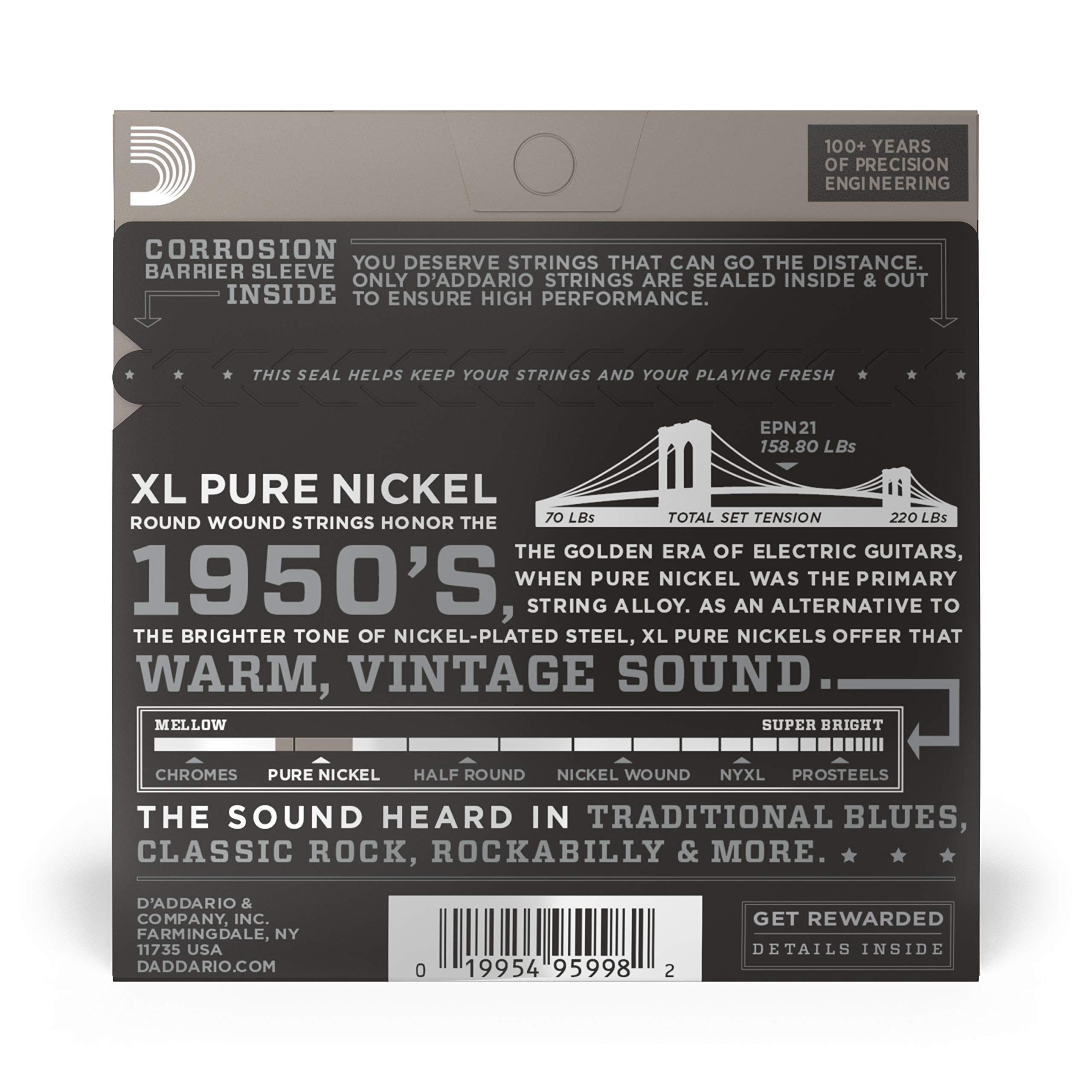 D'Addario Guitar Strings - XL Pure Nickel Electric Guitar Strings - Round Wound - Warm, Bright, Vintage Sound - EPN21 - Jazz Lig