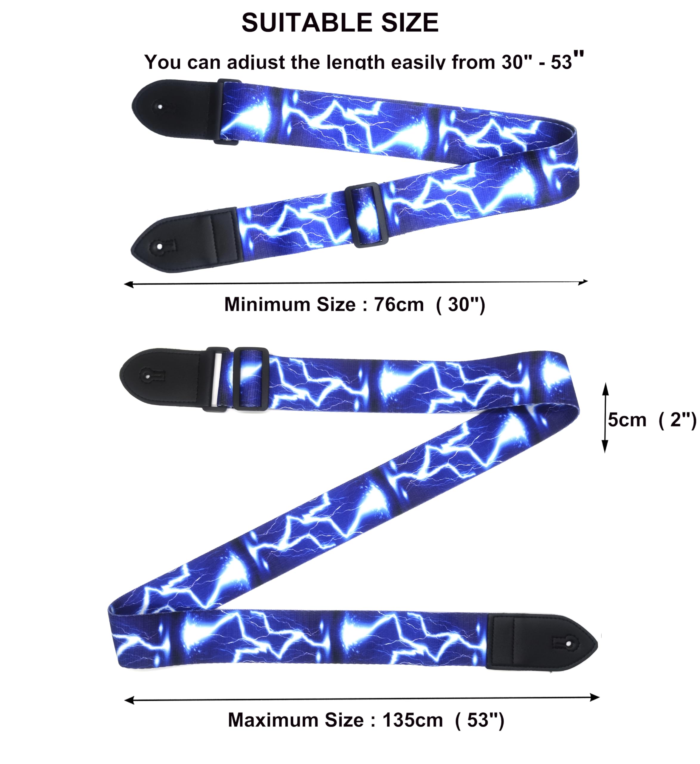Rellocz 2 pcs Guitar Strap , Electric Guitar Straps with Leather Ends Adjustable For Electric, Bass& Acoustic Guitars (Blue Ligh