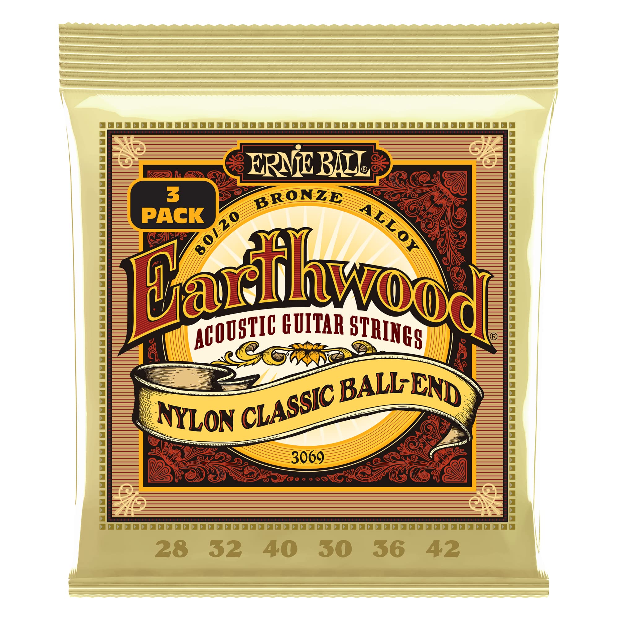 Ernie Ball Folk Nylon Clear & Gold Ball-End 8020 Bronze Acoustic Guitar Strings 3-Pack, 28-42 Gauge (P03069)