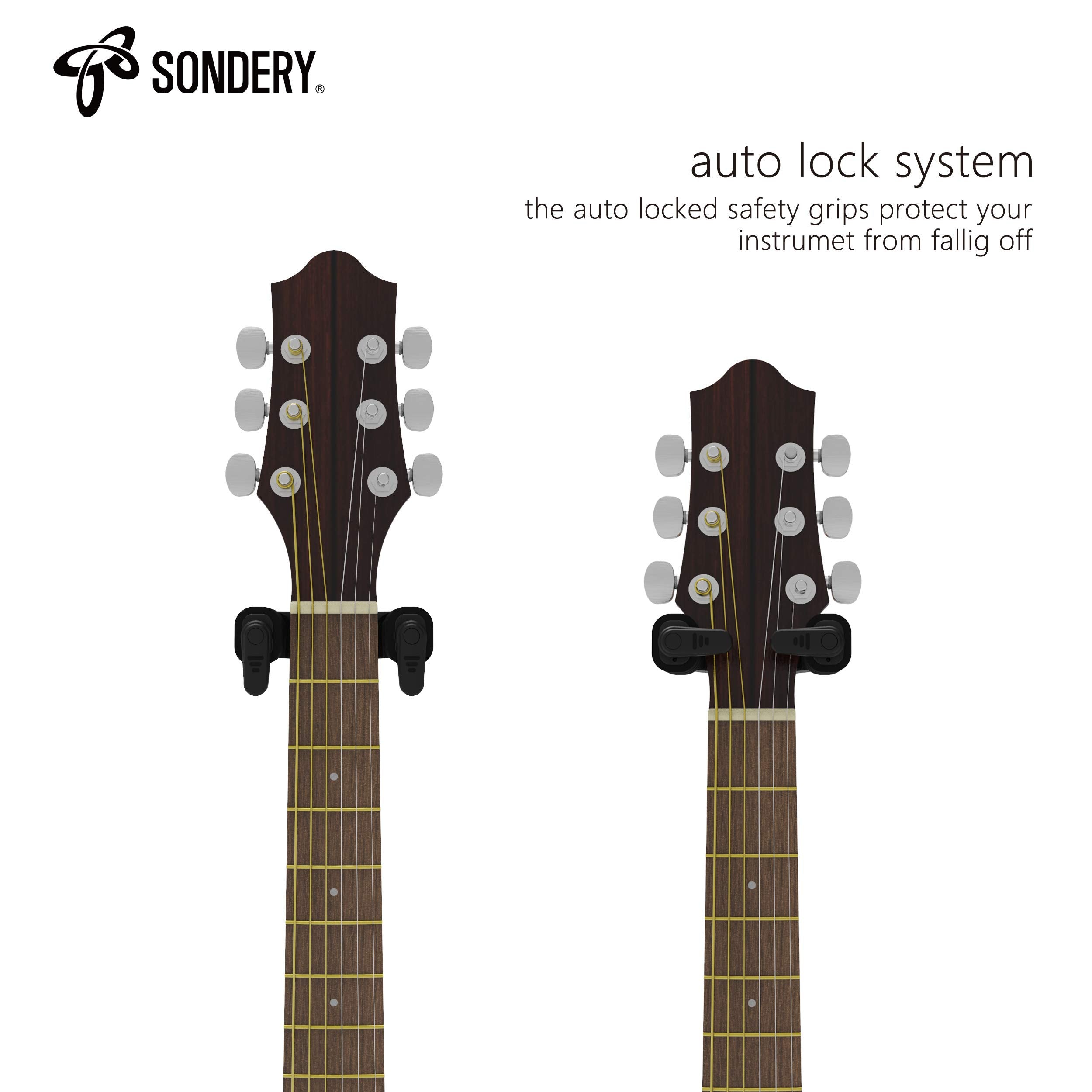 Sondery Guitar Wall Mount Hanger, Auto Lock and Adjustable Hook Holder for Acoustic and Electric Guitar, Ukulele, Bass, Banjo an