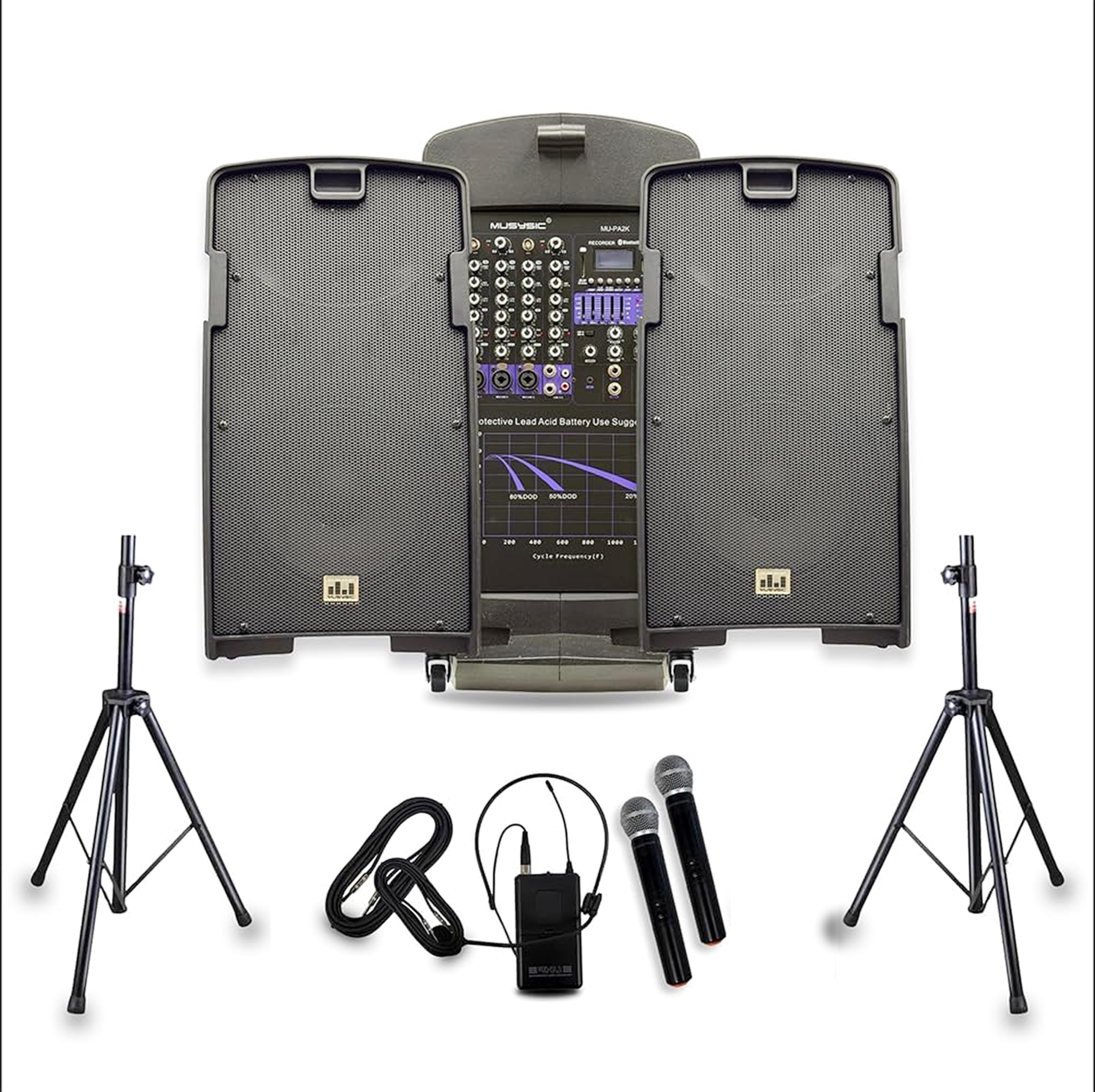 Musysic PA Speaker System with Wireless Microphone and Speakers, 2000W Portable PA System with Bluetooth, Dual Battery Powered 1