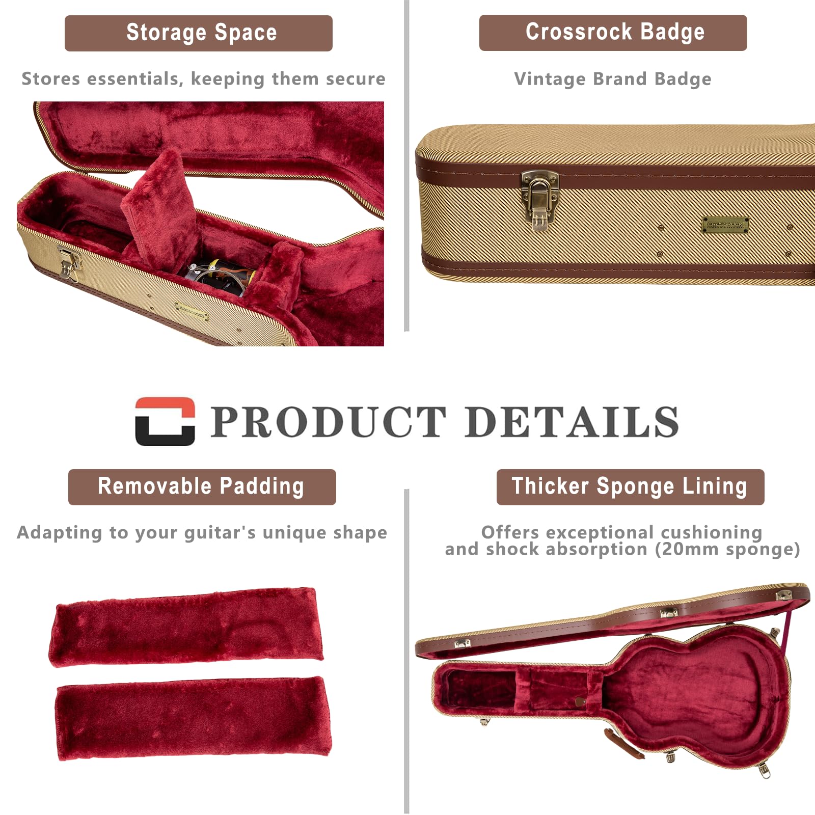 Crossrock Master Series 000 12-Fret Acoustic Guitar Case | Classic Tweed Exterior, Re-Engineered Wooden Shell, Leather Handle &