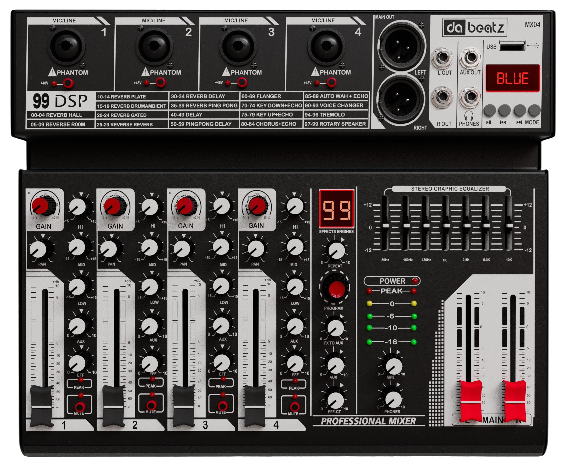 Dabeatz Mx04 4-Channel Audio Mixer With Xlr/6.35Mm Combo Inputs, Bluetooth & Usb Playback, 99 Dsp Effects, 7-Band Eq, Recording 