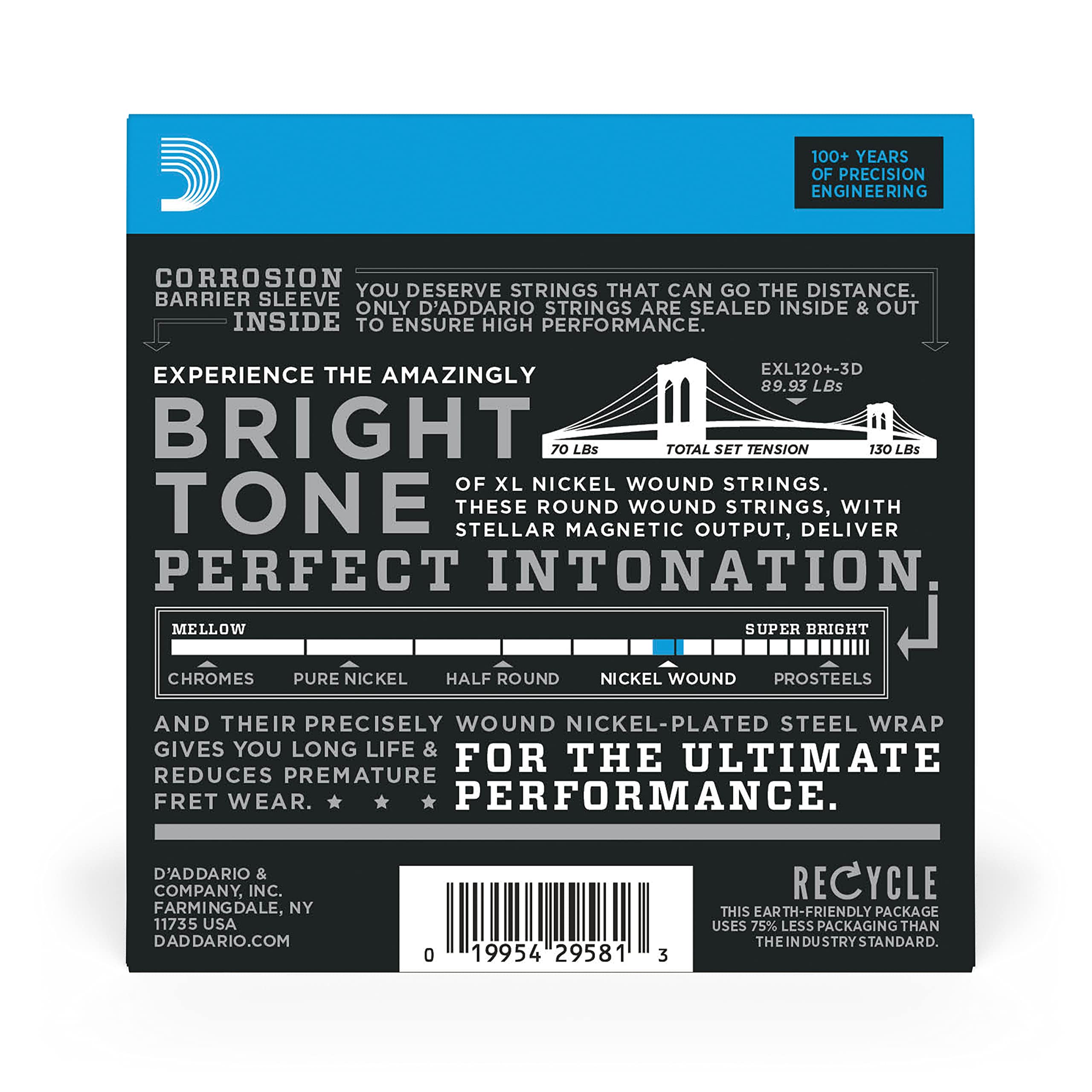 D'Addario Guitar Strings - XL Nickel Electric Guitar Strings - EXL120+-3D - Perfect Intonation, Consistent Feel, Reliable Durabi