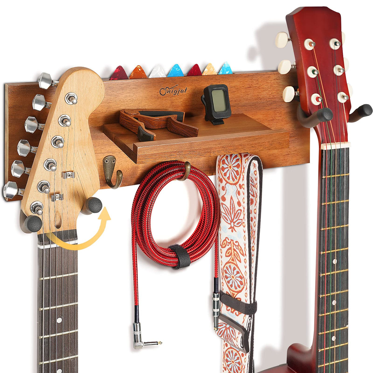 Snigjat Guitar Wall Mount With 2 Rotatable Hook, Wood Guitar Hanger With Shelf & Pick Holder, Guitar Wall Stand Rack For Acousti