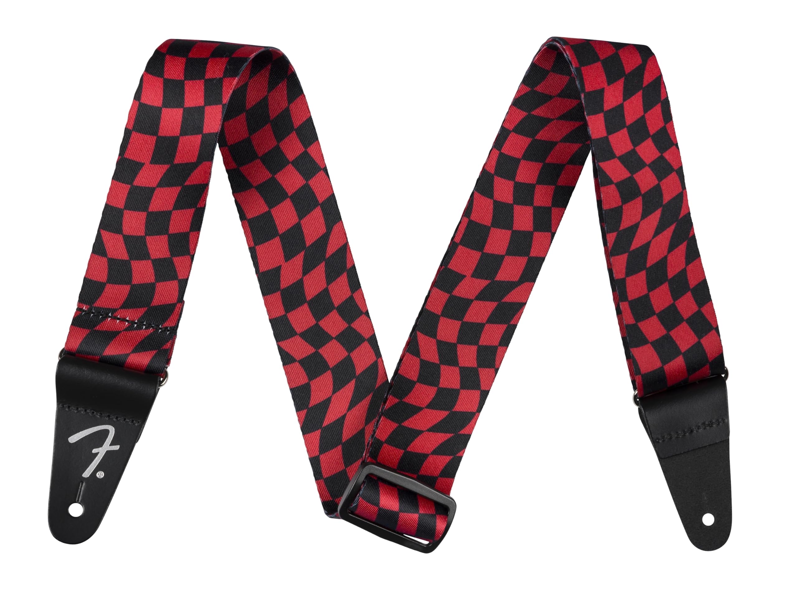 Fender Wavy Checkerboard Polyester Guitar Strap, Adjustable From 34''-59'', Leather Ends, Red