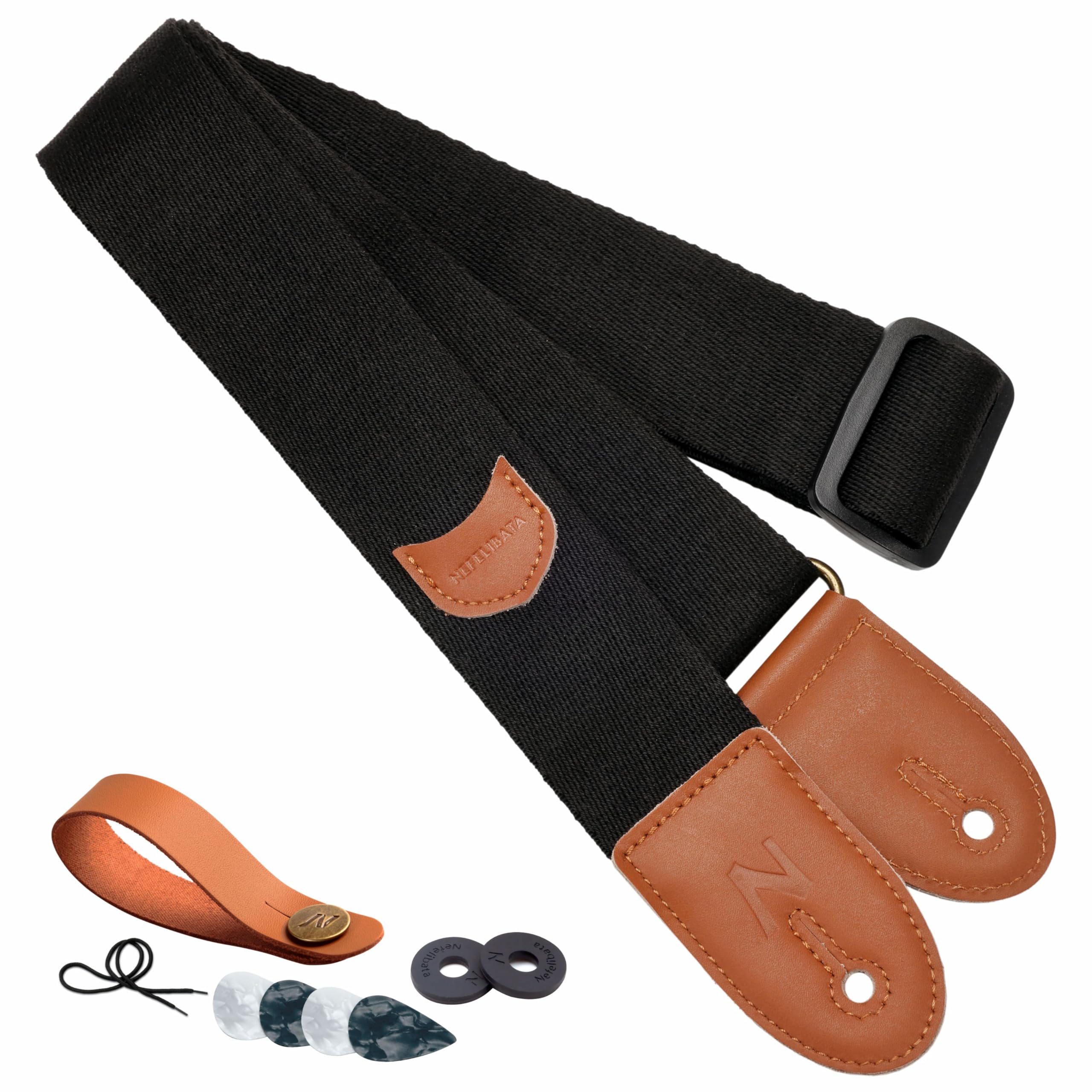 Nefelibata Guitar Strap, 100% Cotton Full Grain Leather Ends Guitar Straps With Pick Pocket For Bass, Electric & Acoustic Guitar