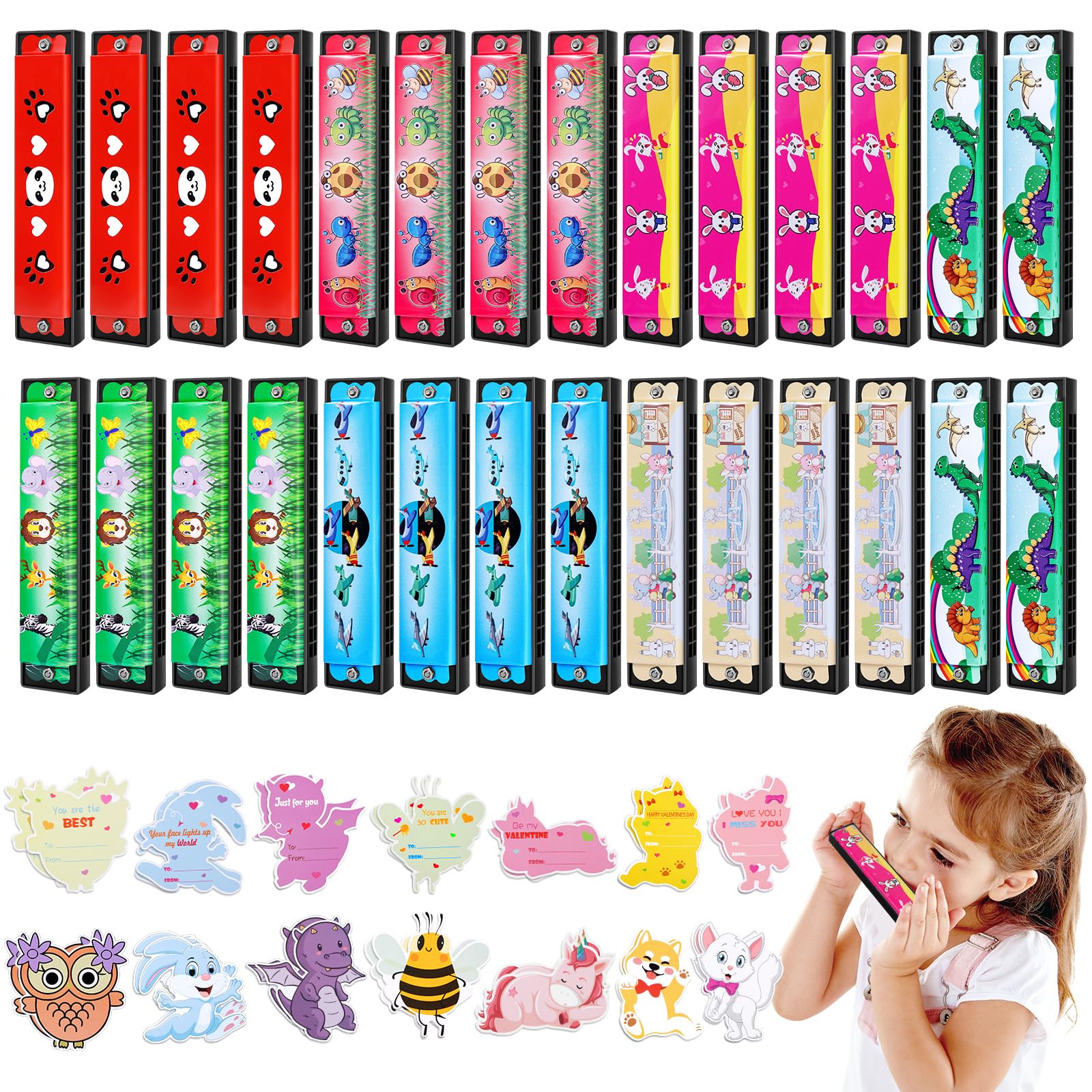 Valentines Day Gifts Cards for Kids Classroom, 28Pcs Harmonica Toy Set with Valentines Cards for Kids School Exchange, Party Fav