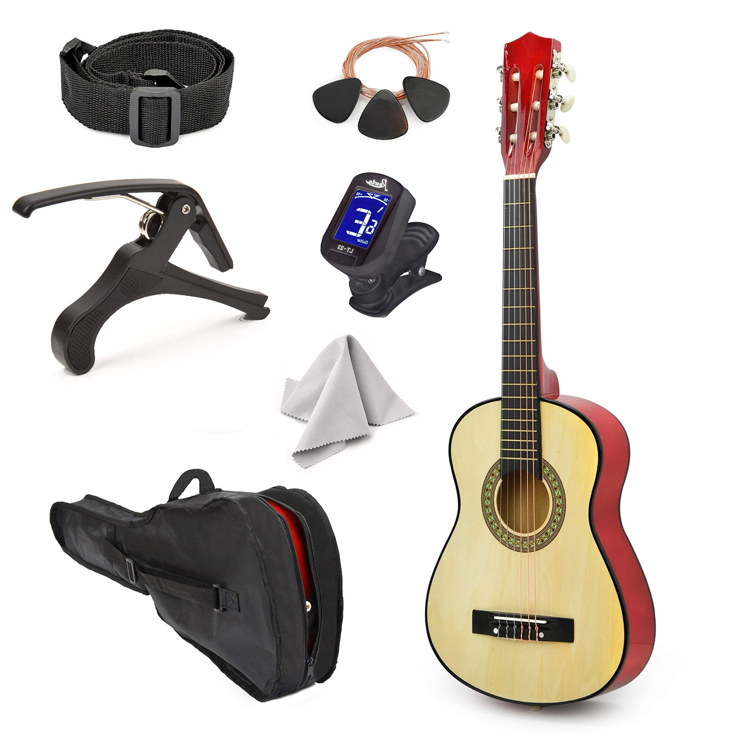 New! 30'' Left Handed Natural Wood Guitar With Case And Accessories For Kids/Boys/Beginners (Natural)