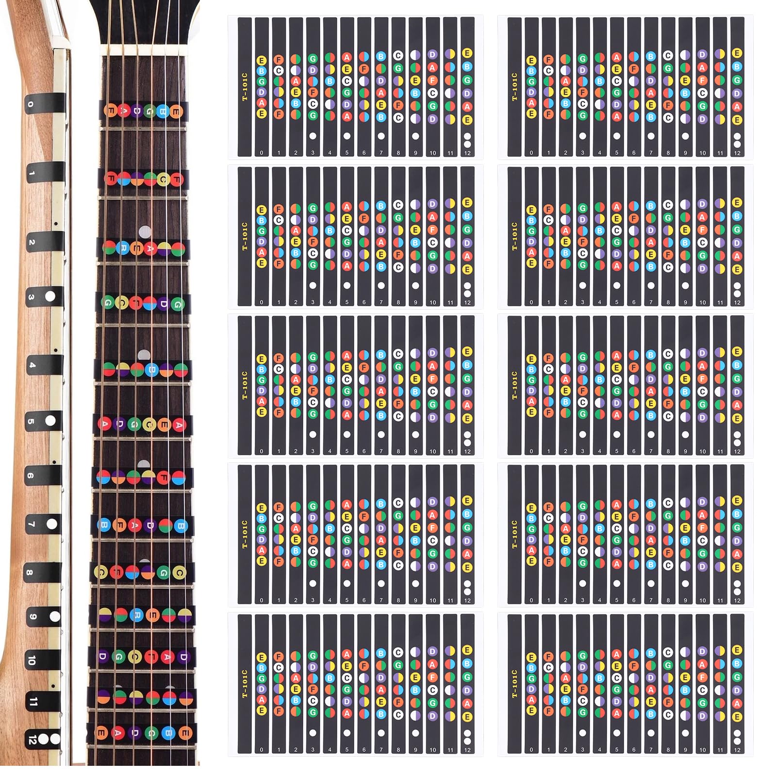 Agatige 10 Sheet Guitar Fretboard Stickers, Coded Note Scale Decals For Beginner Learner Practice(Full Color Surface)