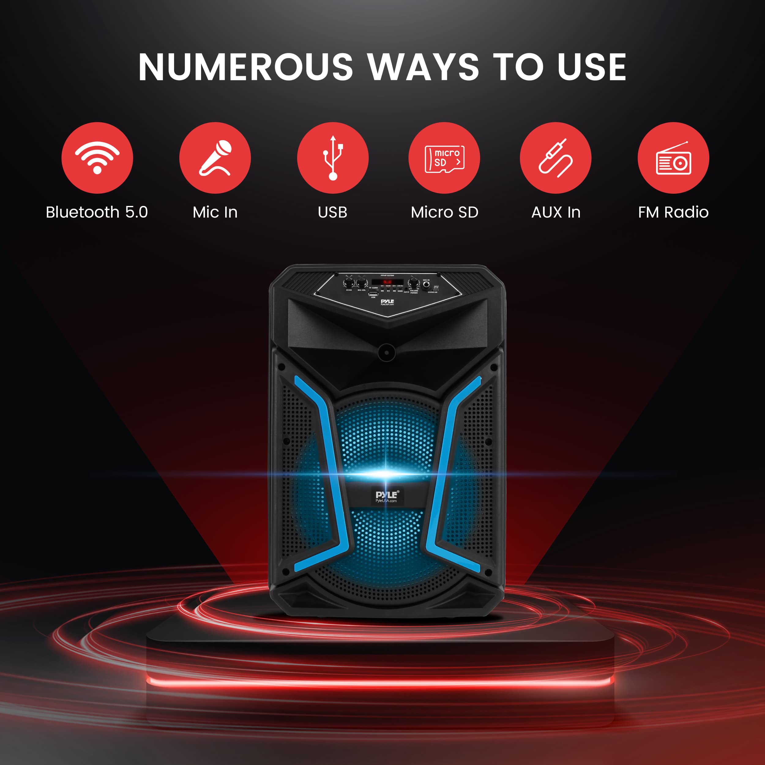 Pyle Portable Bluetooth PA Speaker System - 800W Outdoor Bluetooth Speaker Portable PA System w/ Microphone In, Party Lights, MP