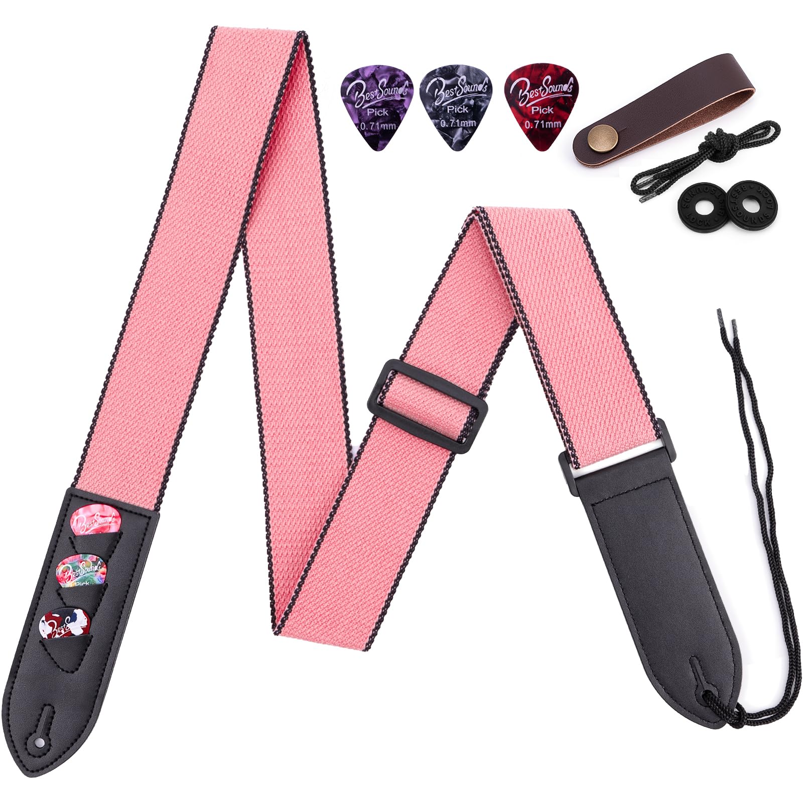 BestSounds Guitar Strap- Acoustic Electric Starp Bass Guitar Strap with Leather Neck Strap,3 Picks & 2 Button Blocks