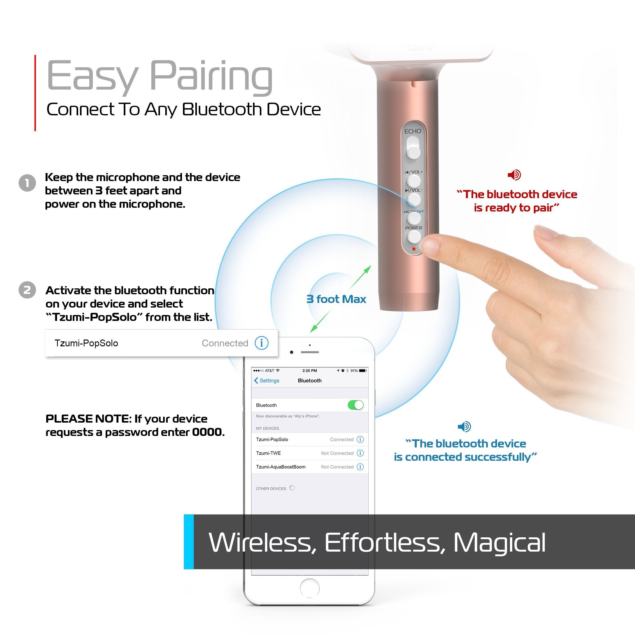 Tzumi PopSolo Professional Bluetooth Karaoke Microphone and Voice Mixer with Smartphone Holder - Great for Kids and Parties - Ro