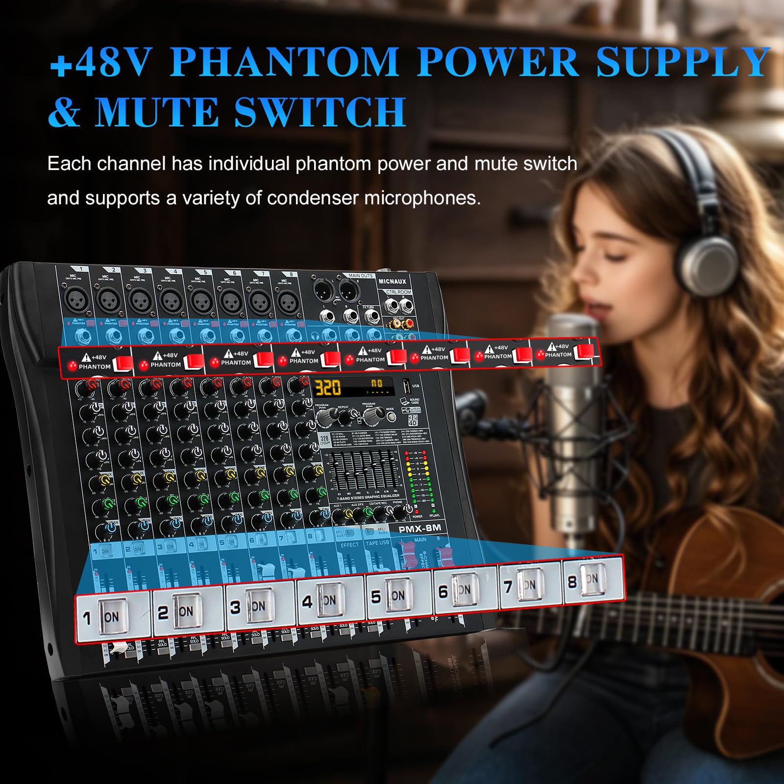 MICNAUX Audio Mixer 8 Channel Professional Mixer Console with 320 DSP Effects, 7-band EQ Sound Mixing Board Digital DJ Mixer w/U