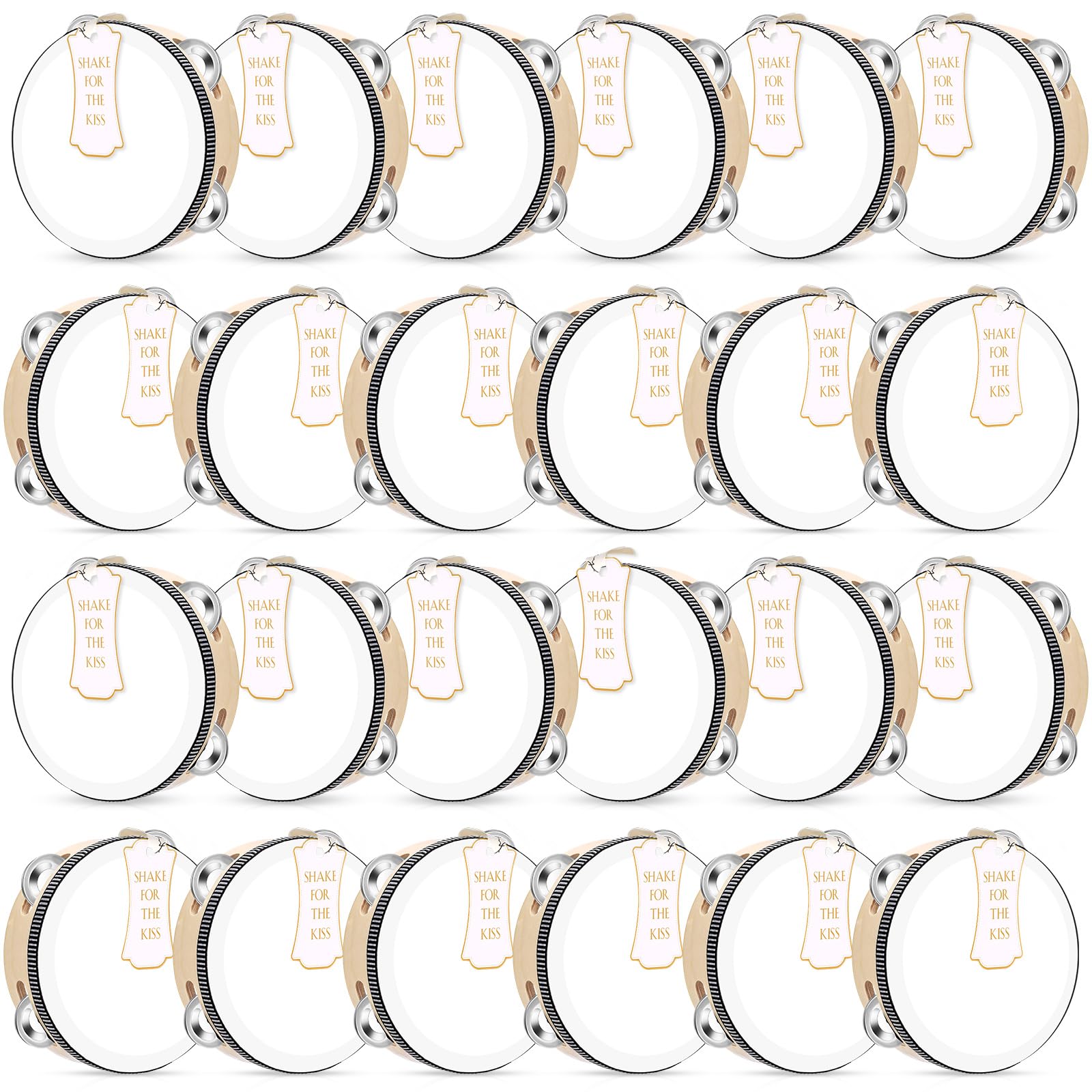 Lukmaa 24 Set 6 Inch Tambourine for Adults Wooden Hand Held Drum with Metal Jingles, Gift Tags, White I Love You Printed Ribbon 