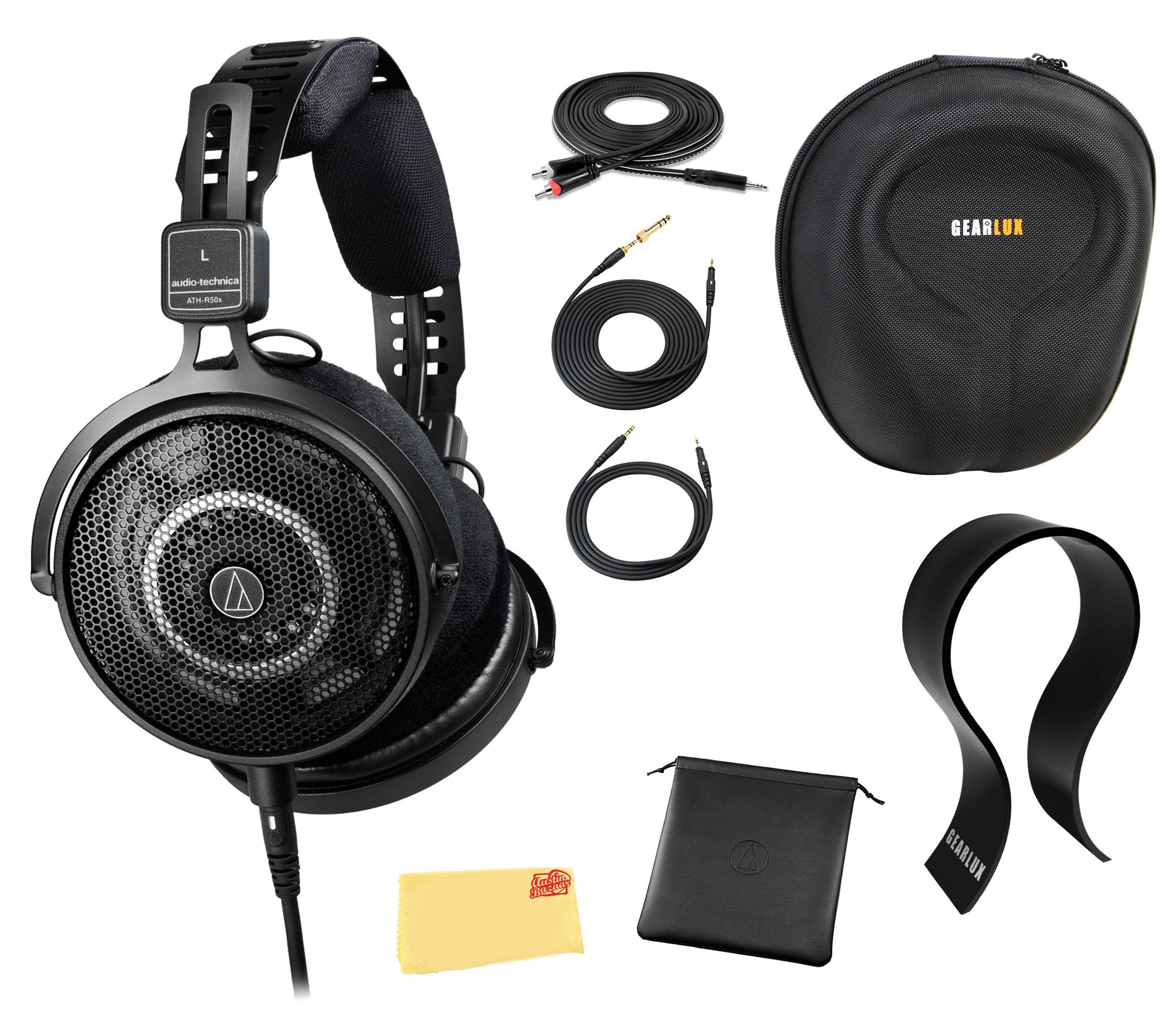 Audio-Technica ATH-R50X Professional Open-Back Reference Headphones - Black Bundle with Case, Stand, Cable, and Austin Bazaar Po