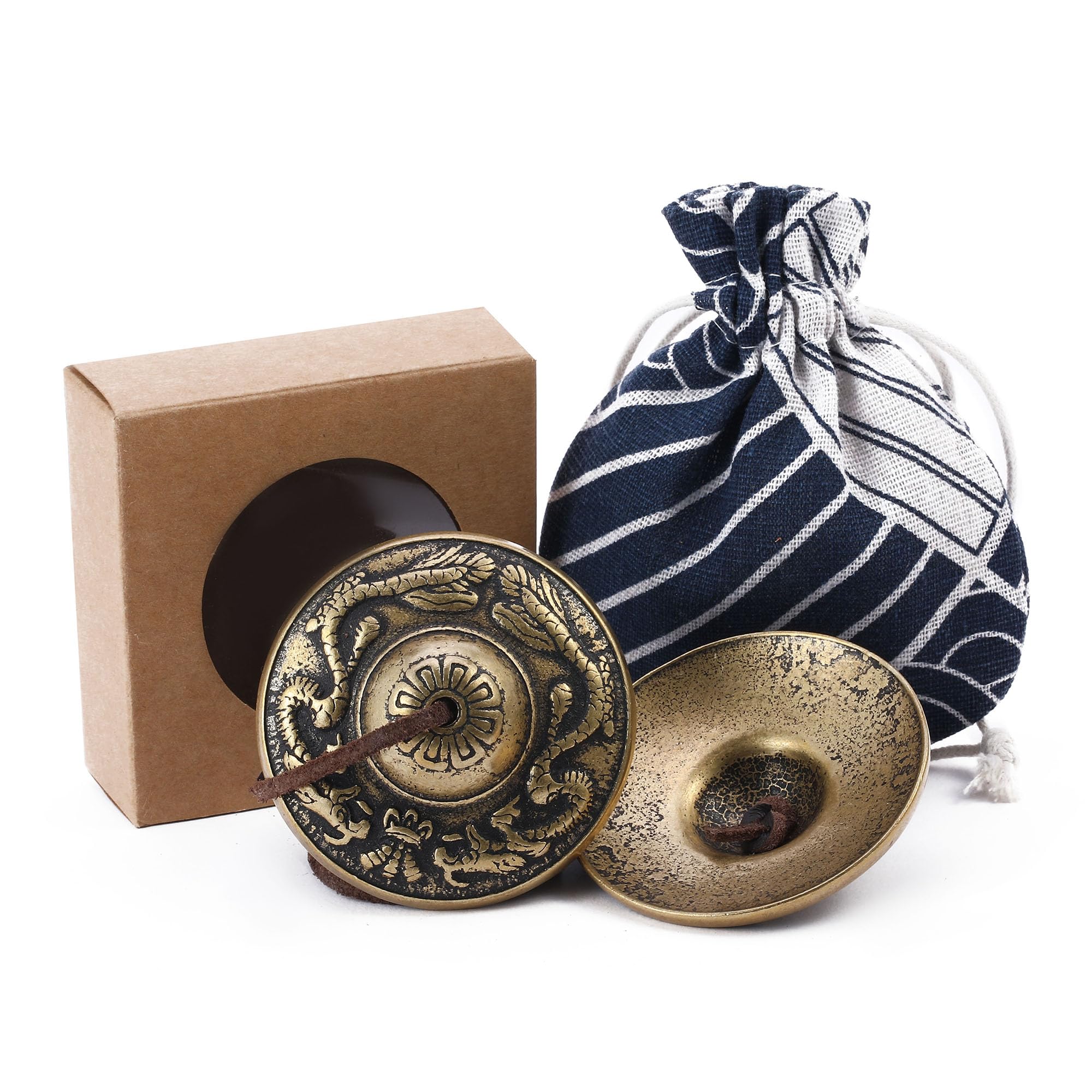 Homelavie Tibetan Tingsha Cymbals Meditation Chime Bells 2.5 2 Dragons with Bell Embossed Brass Bells with Gift Box Drawstring C