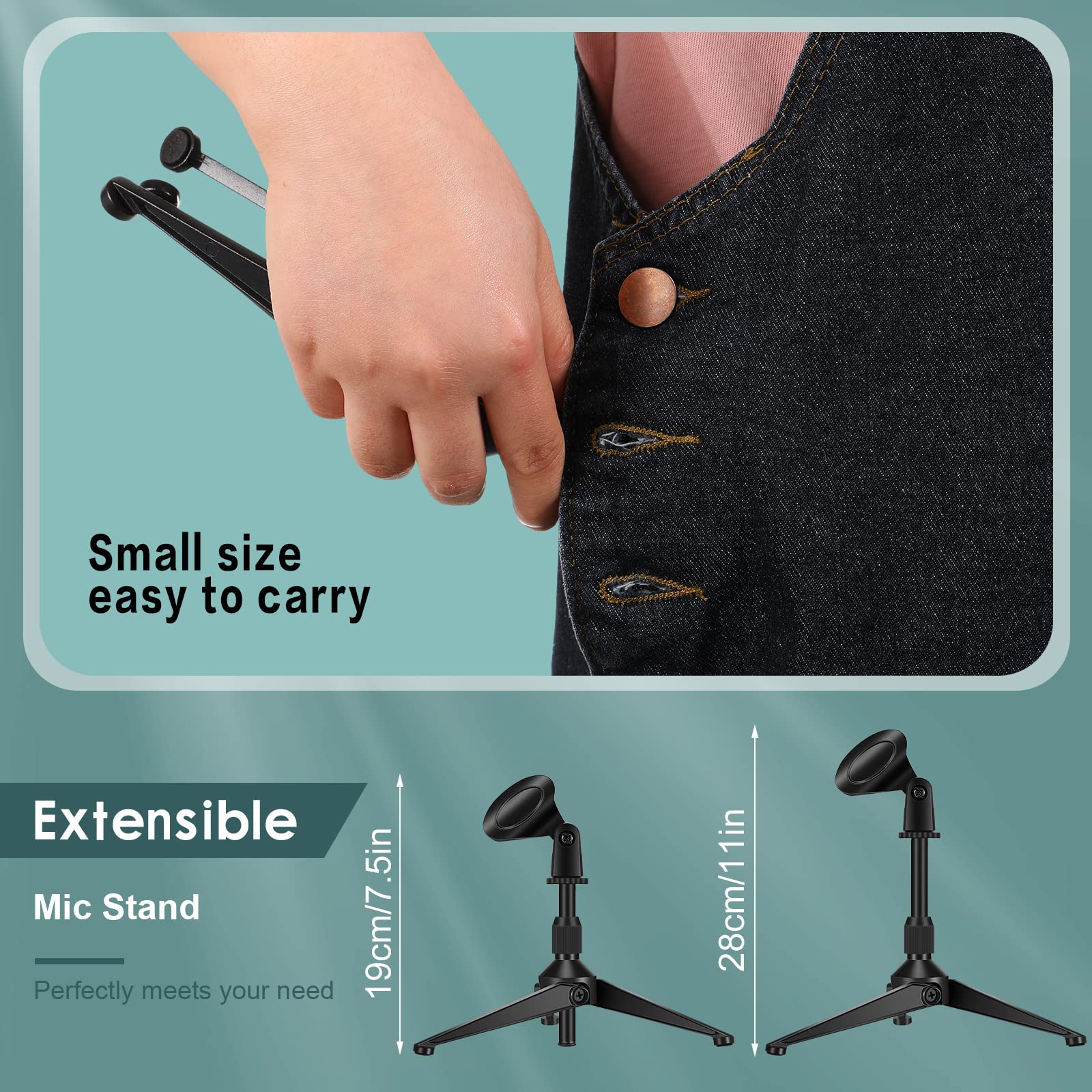 3 Pack Desktop Mic Stand Portable Foldable Tripod with Mic Clip Holder Adjustable Height Table Microphone Stand Desk 5/8 Inch Ma