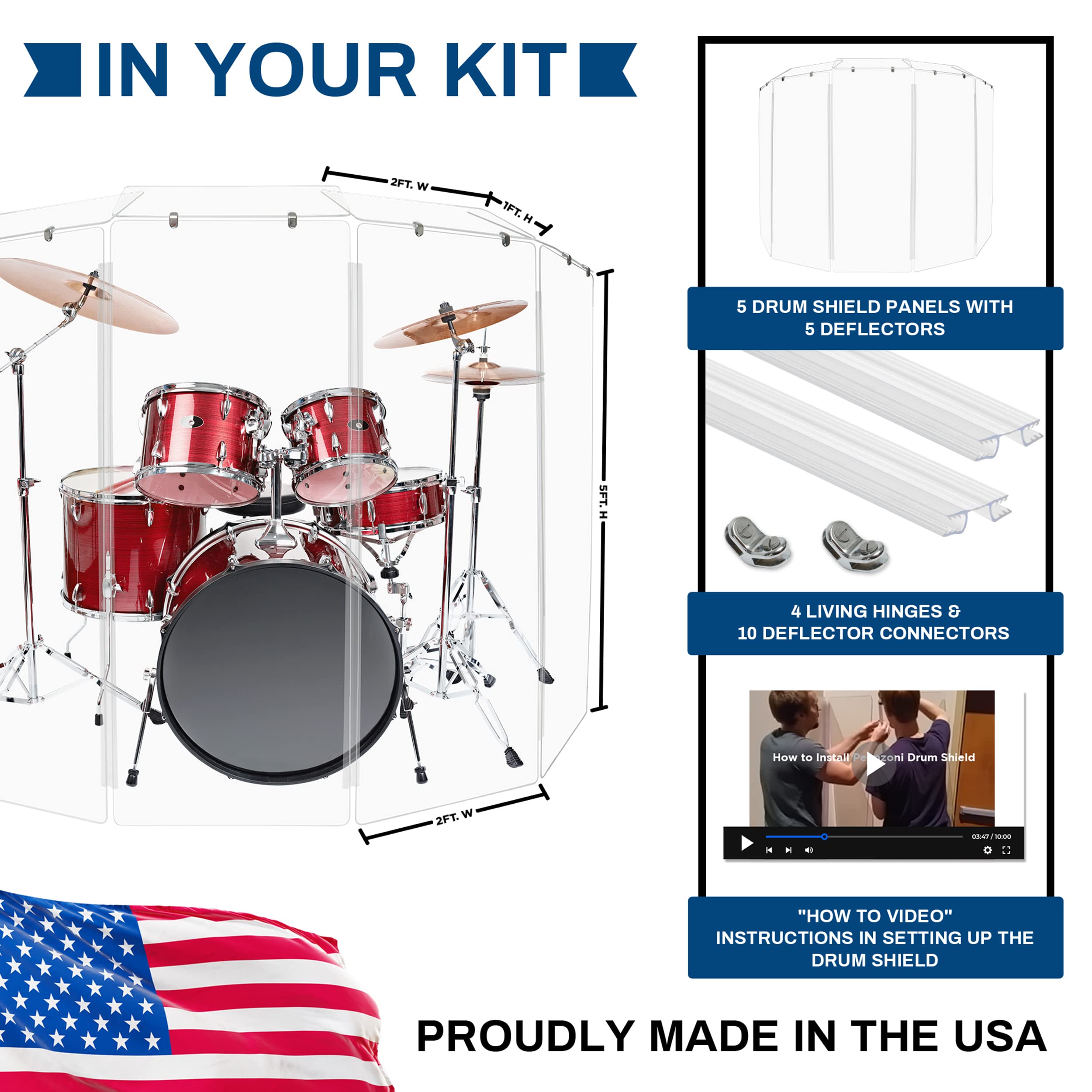 PENNZONI Drum Shield 5ft w/Deflectors & Plastic Hinges, Comes w/ 5 Drum Panels, Plastic Hinges & 5 Deflectors, Premium Clear Acr