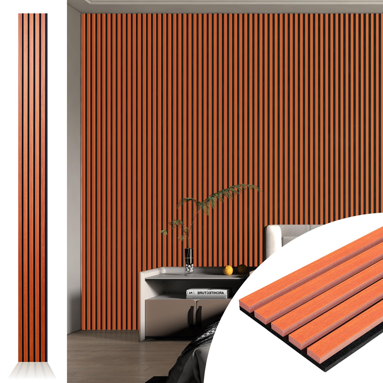 Art3D 4Pcs-107 X 8In Slat Acoustic Panel For Wall And Ceiling, 3D Fluted Sound Absorbing Panel With Wood Finish, Cherry