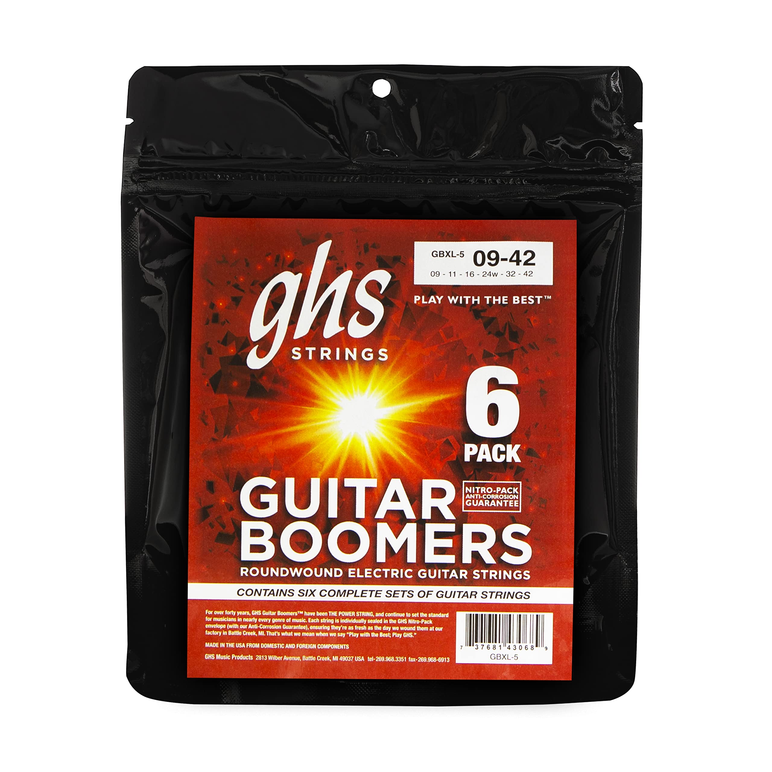 GHS Strings GBXL-5 Guitar Boomers, Nickel-Plated Electric Guitar Strings, Extra Light (9-42), Pack of 6