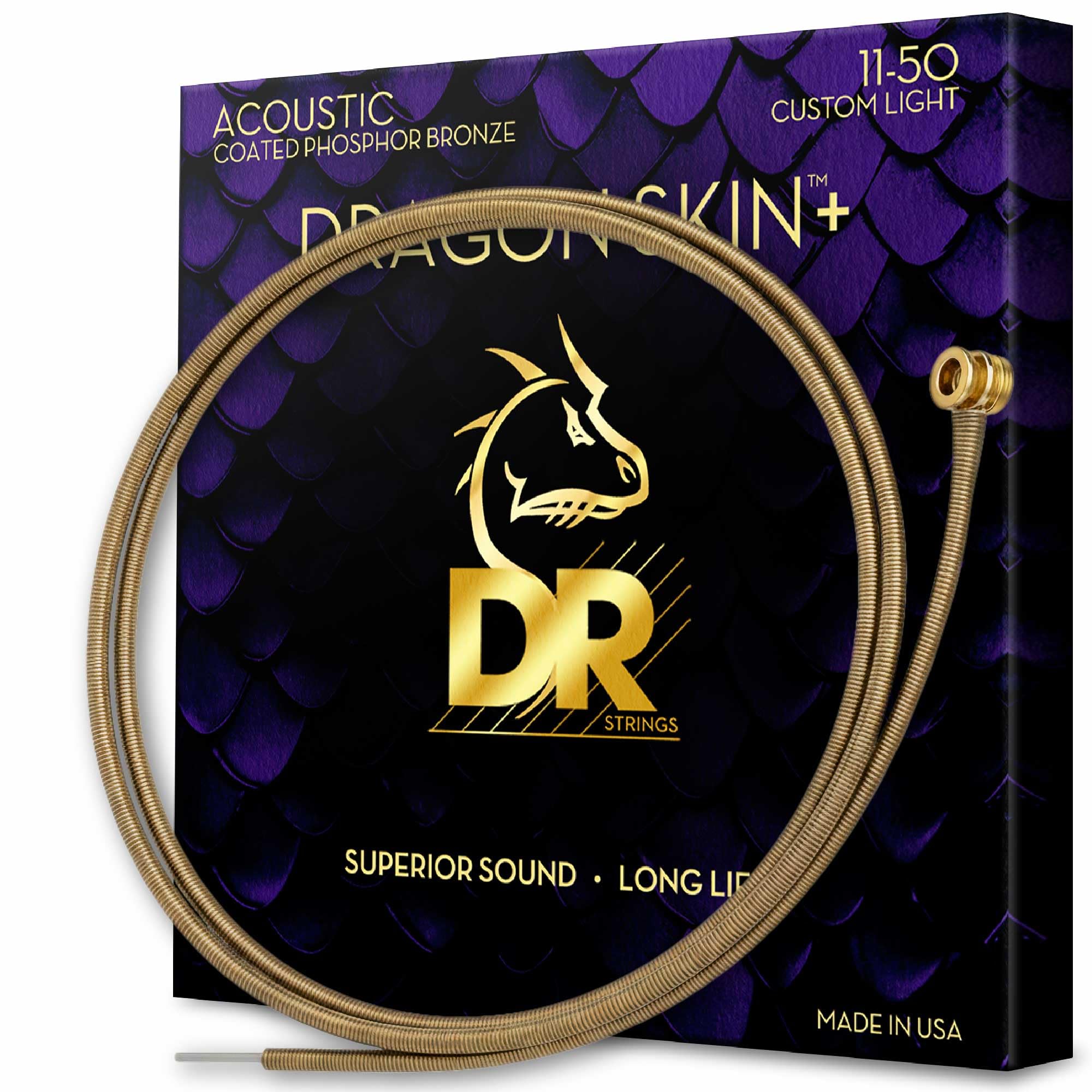 DR Strings Acoustic Guitar Strings | DRAGON SKIN+ Coated Phosphor Bronze | DAP-11 | Superior Sound with Comfortable Feel & Long 