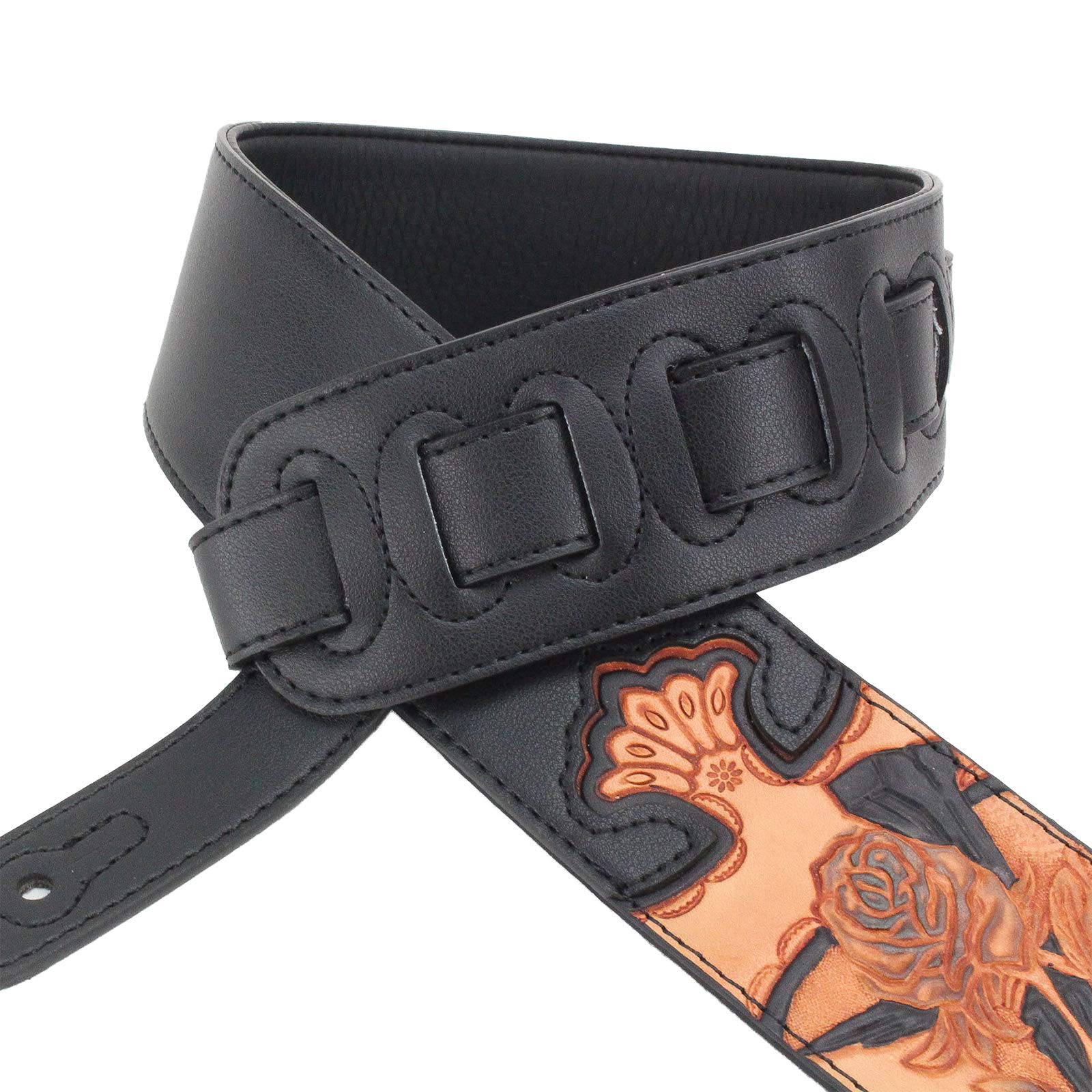 Walker & Williams CVG-21 Black Padded Leather Guitar Strap Hand Tooled Christian Rose & Cross For Acoustic, Electric, And Bass G