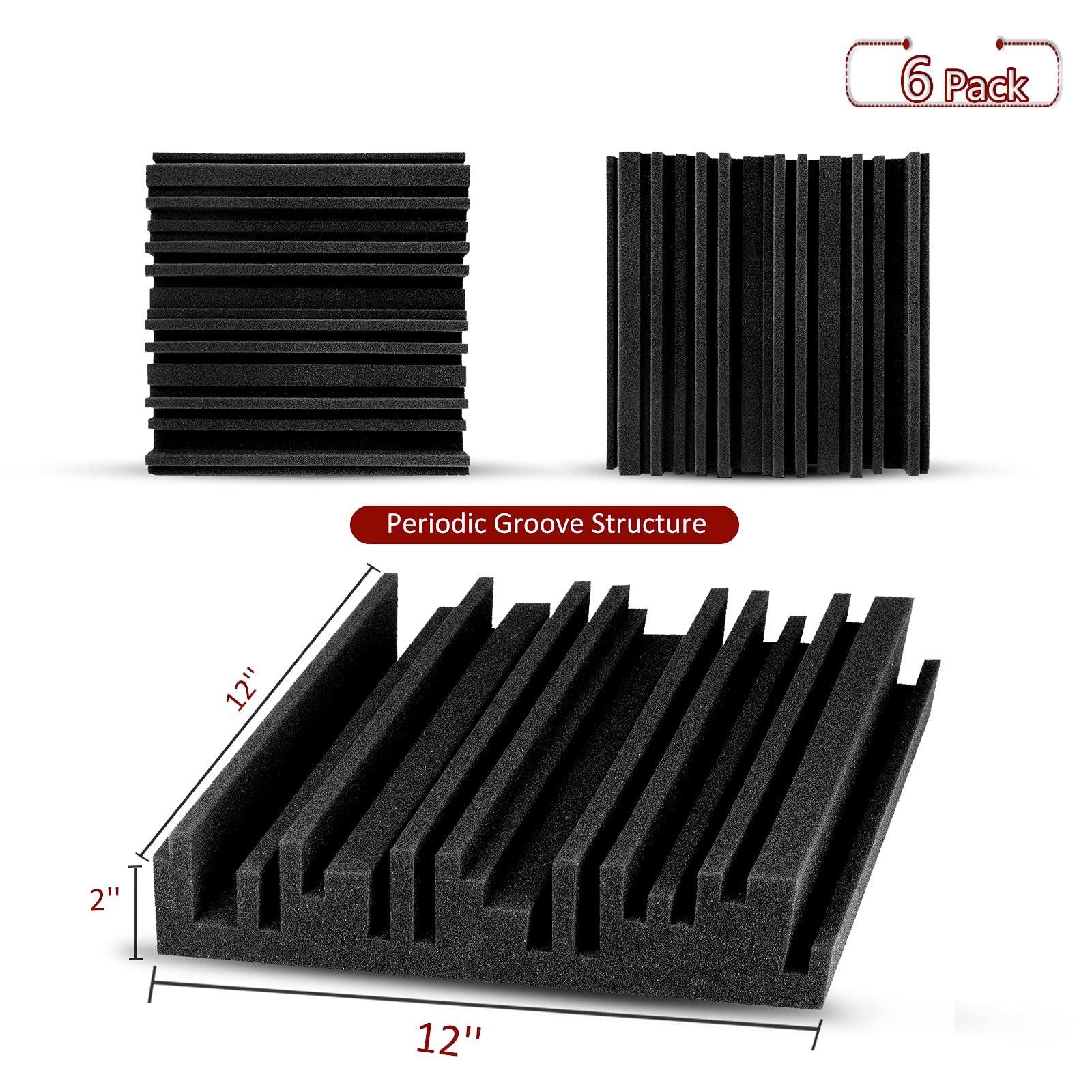 TroyStudio Acoustic Studio Absorption Foam Panel, 12 X 12 X 2 inches Pack of 6, Broadband Sound Absorber, Periodic Groove Struct