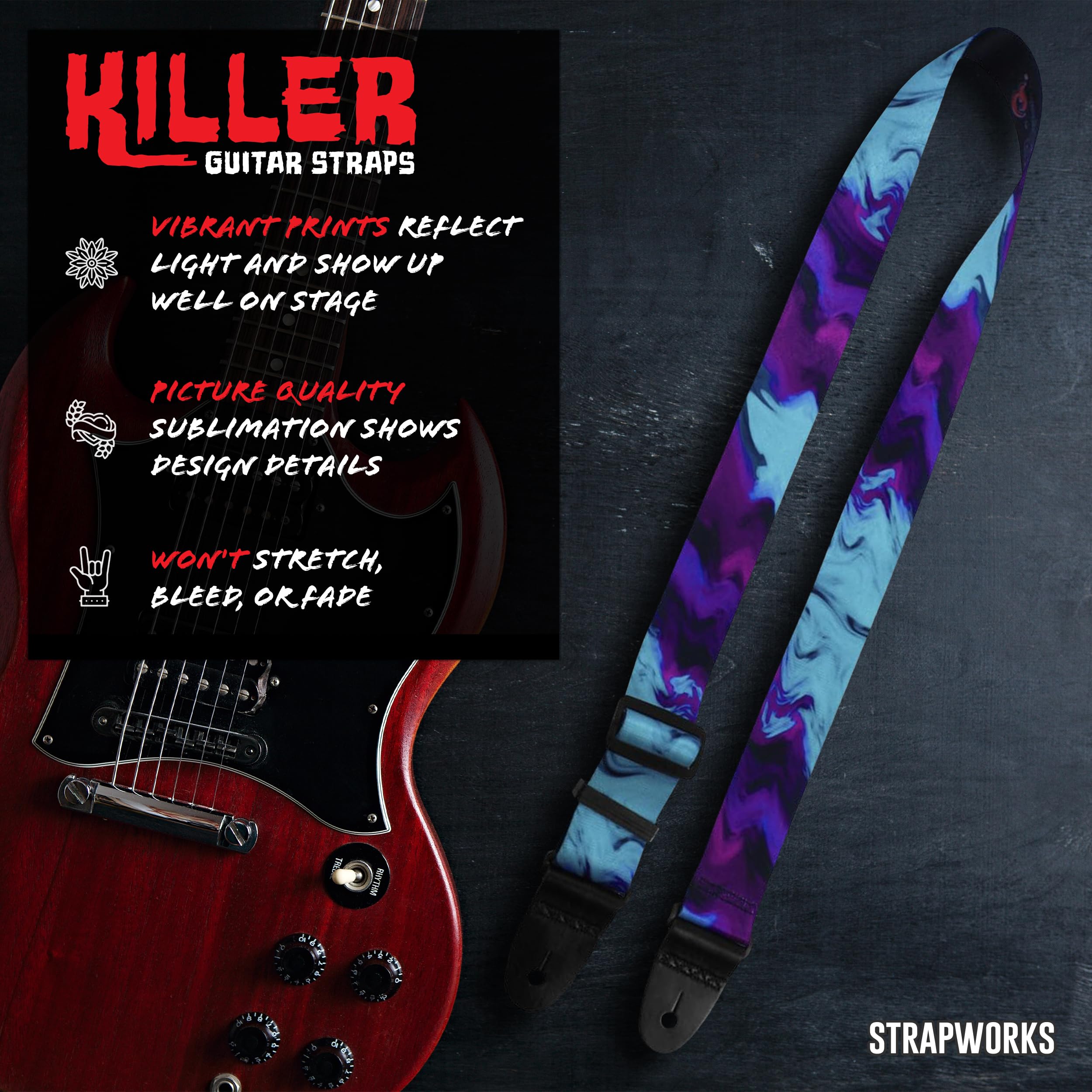 Killer-Q Guitar Strap - Stylish Straps for Electric and Acoustic Guitars With Leather Tabs, 2 Inches x 5 Feet, Wicked Purple